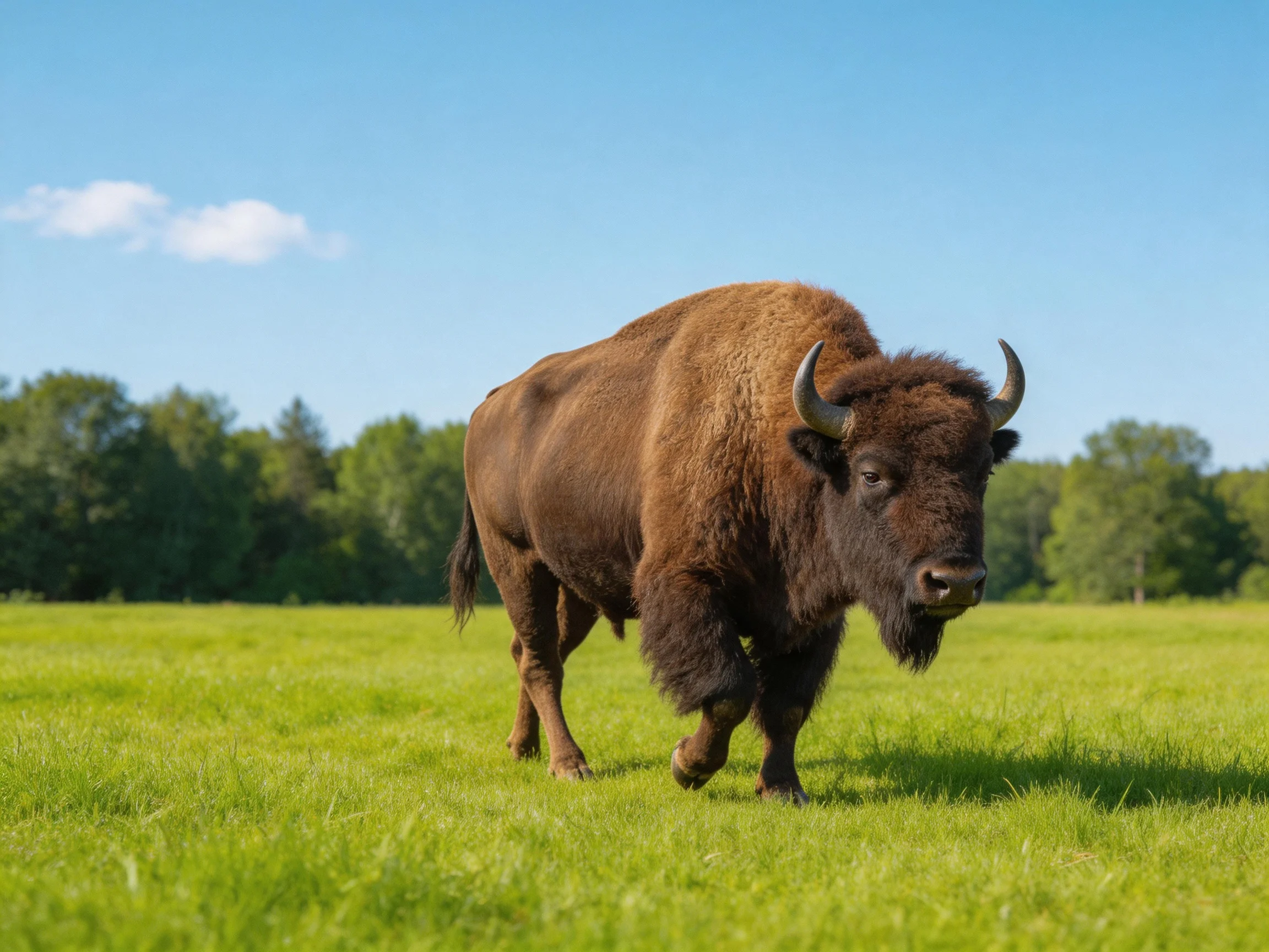 A robust brown bison walking through a lush green meadow