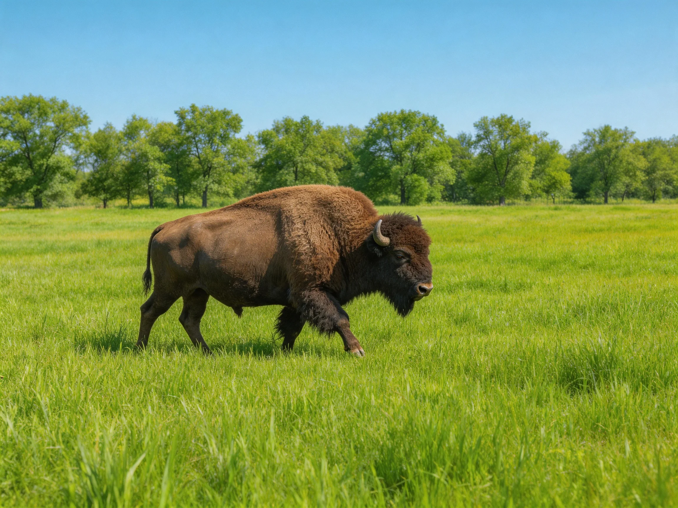 A robust brown bison walking through lush green meadow near leafy trees