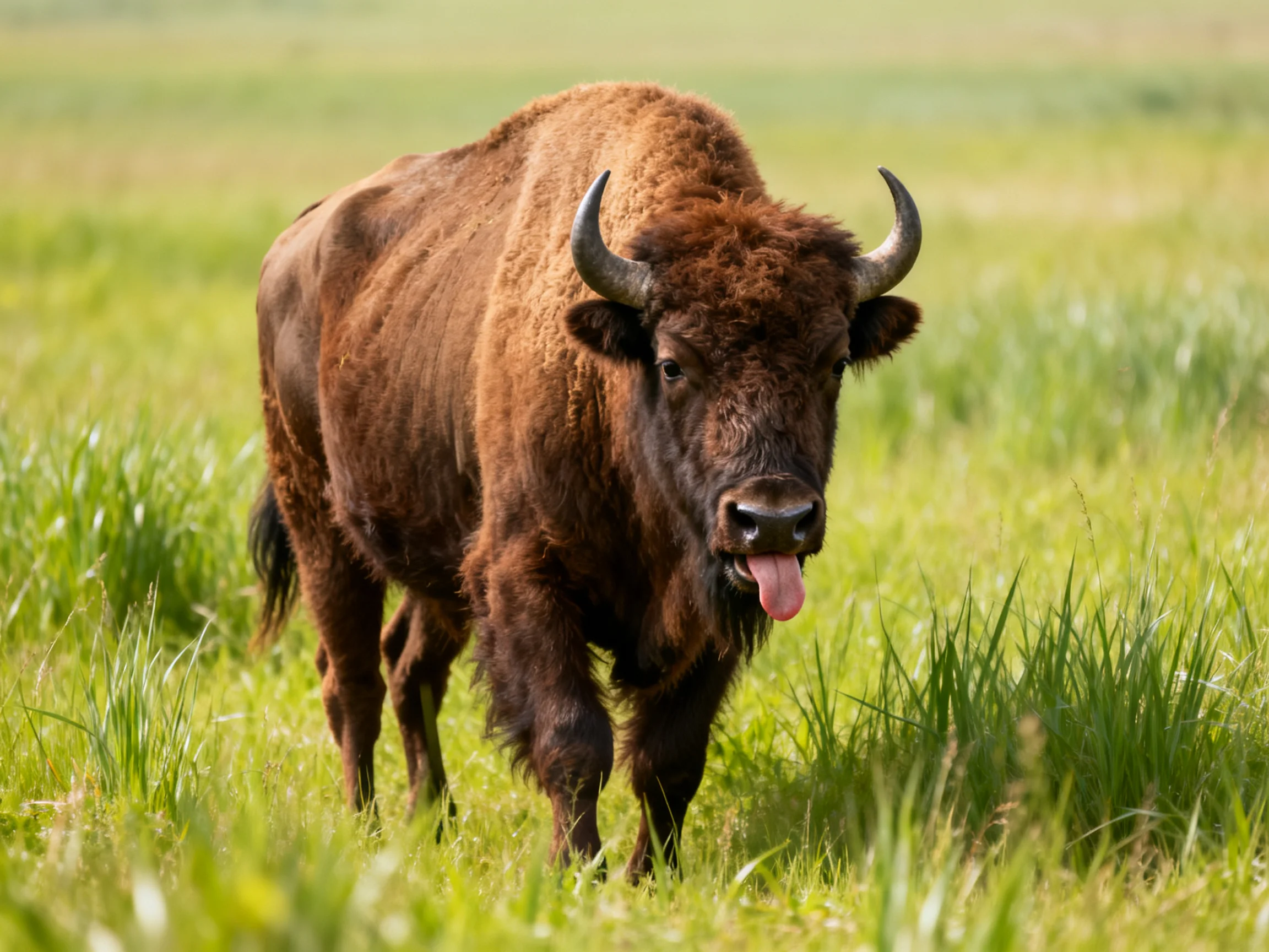A robust brown bison walks through a lush green meadow