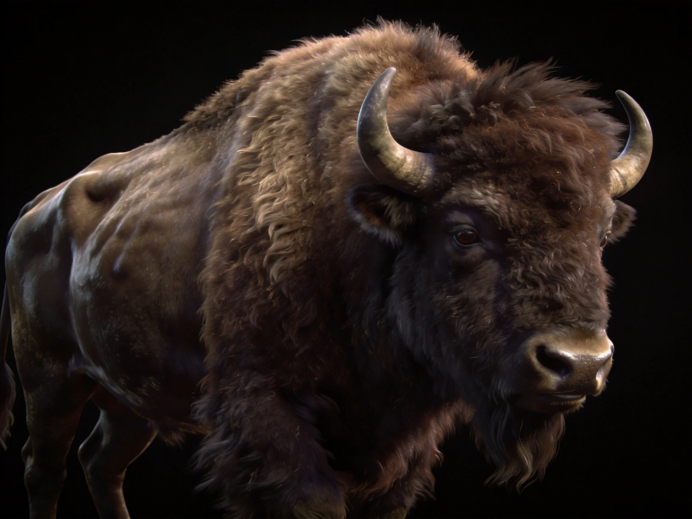 A robust brown bison with thick fur and curved horns