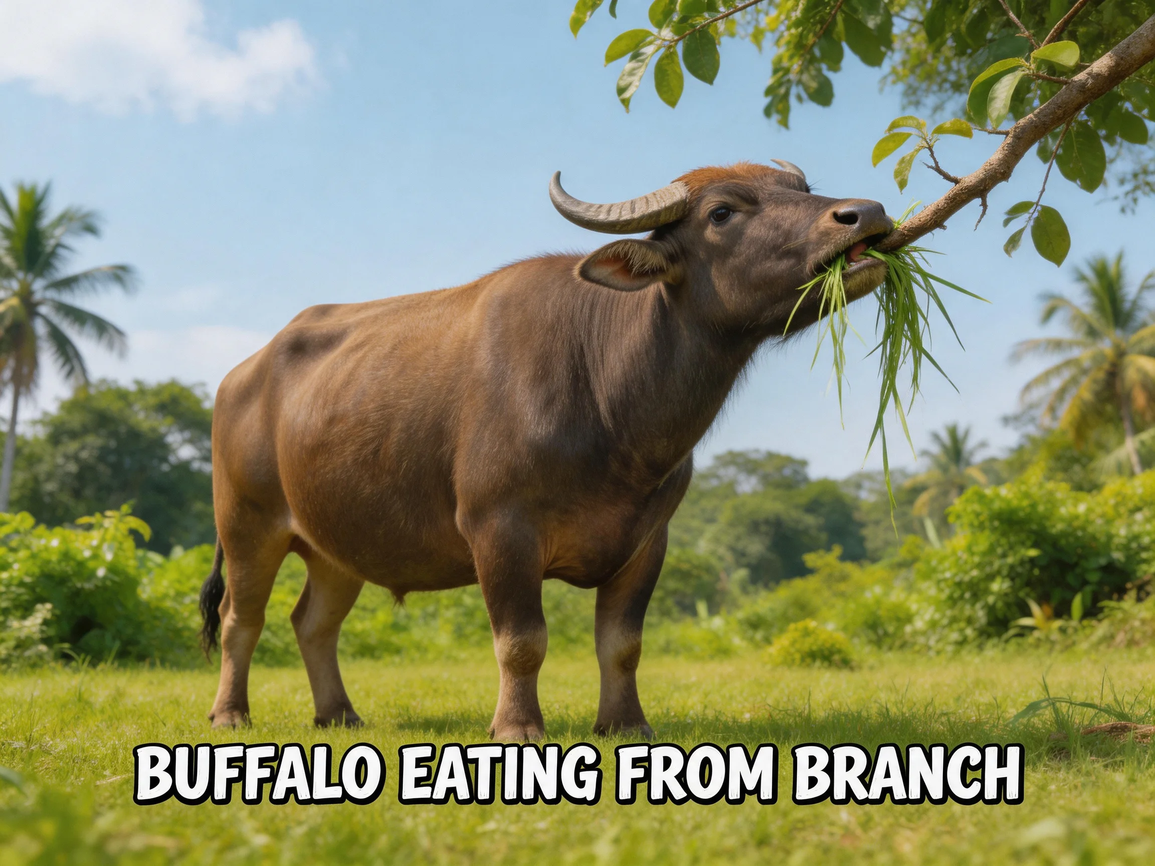 A robust brown buffalo eating from a leafy branch