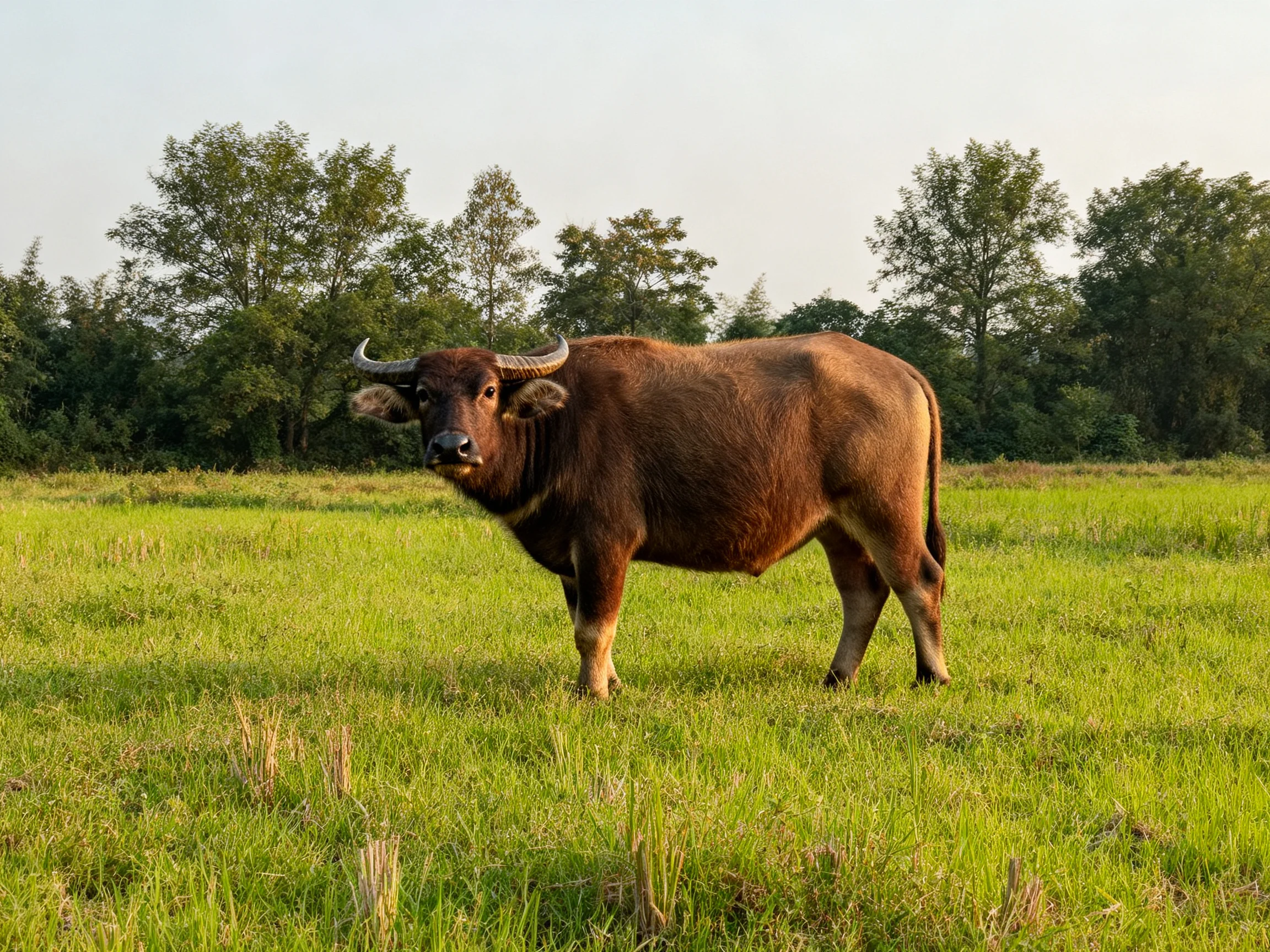 A robust brown buffalo in a lush green meadow near trees