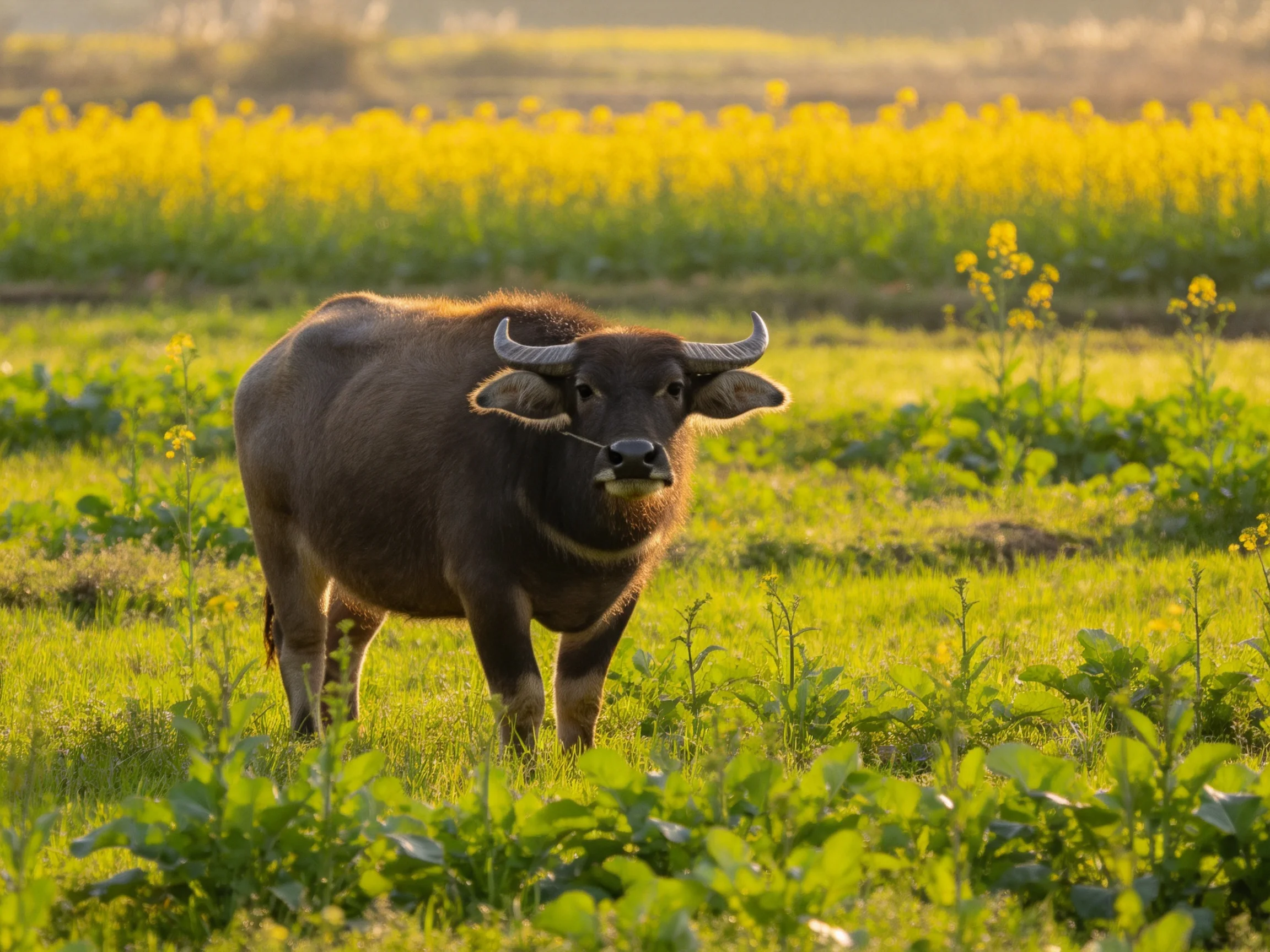 A robust brown buffalo stands amid vibrant green fields and golden blooms