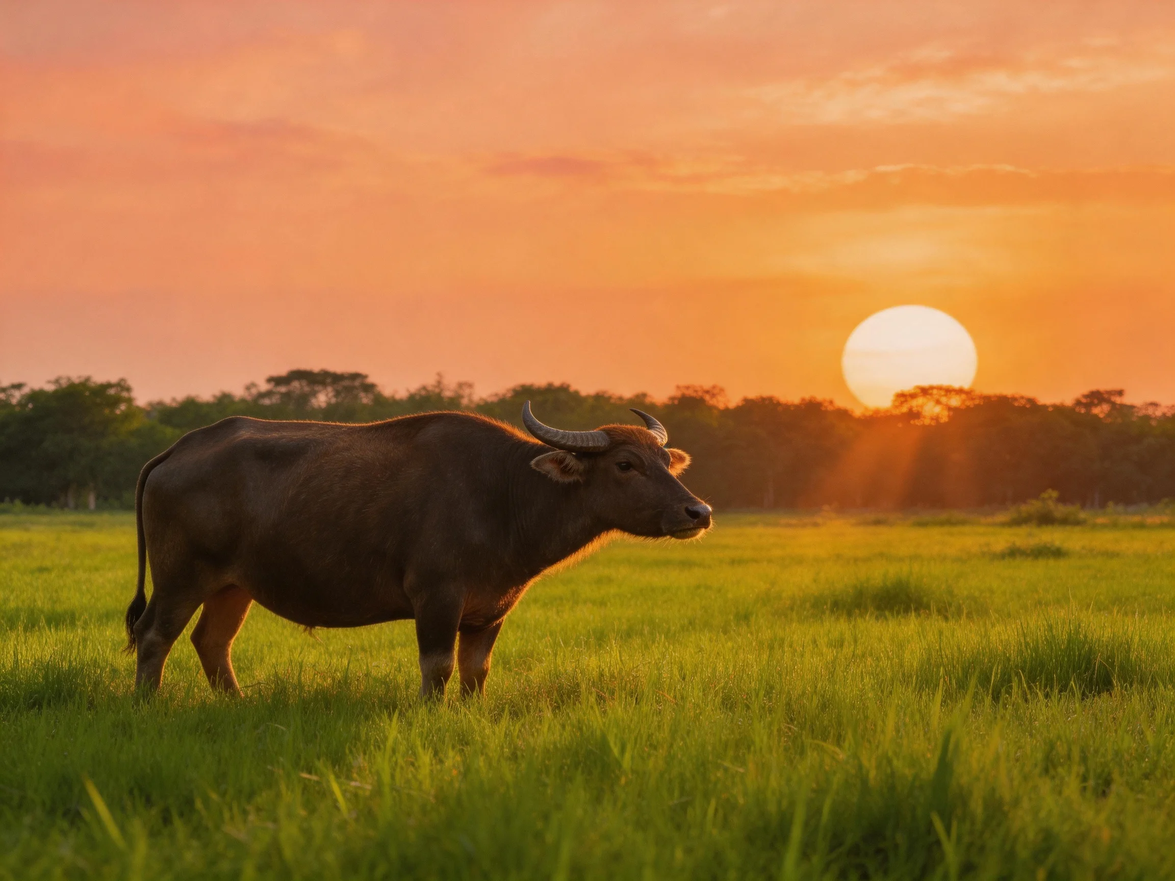 A robust brown buffalo stands in a lush green meadow beneath a glowing orange sunset