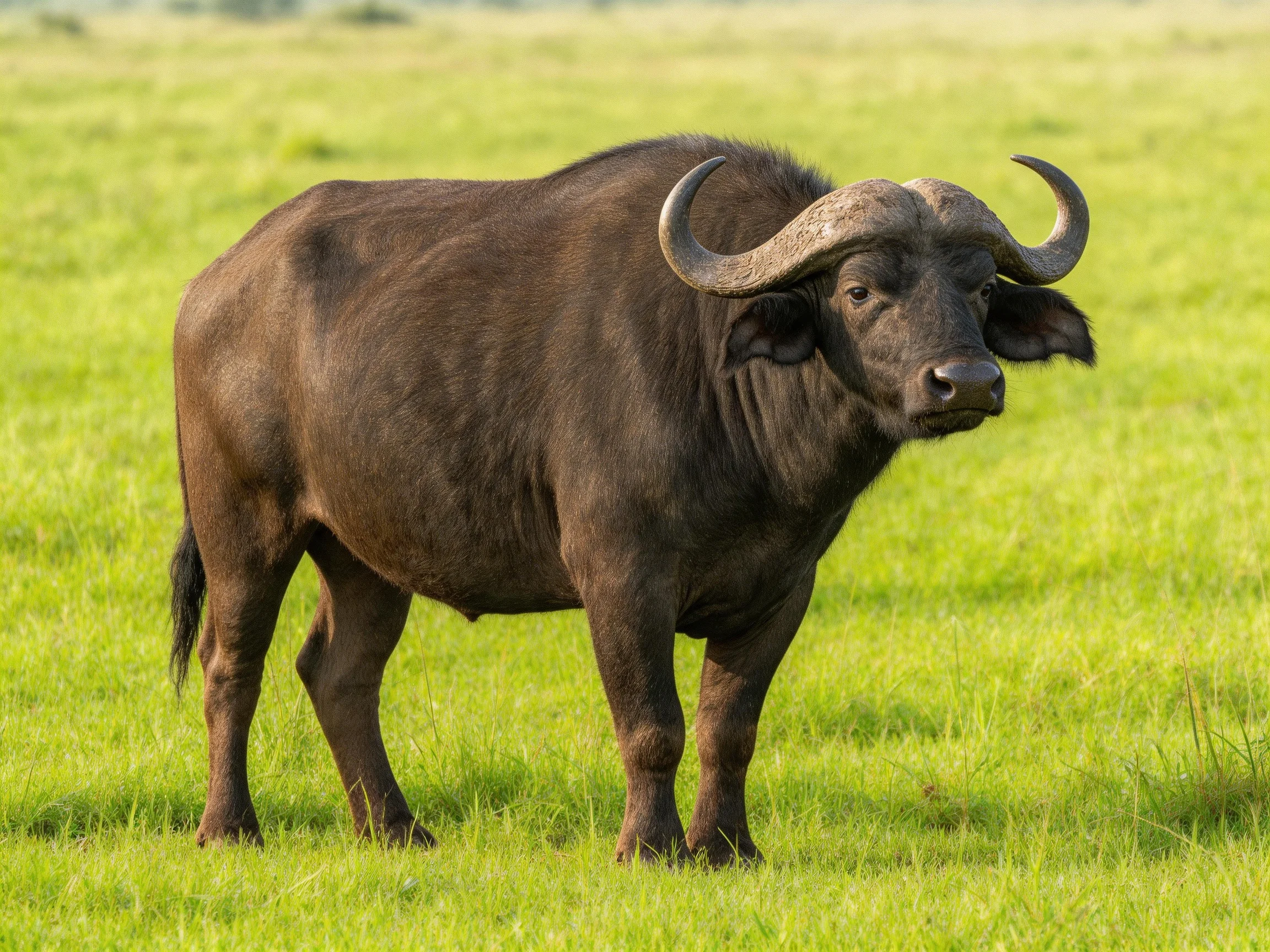 A robust brown buffalo stands in lush green savannah grass