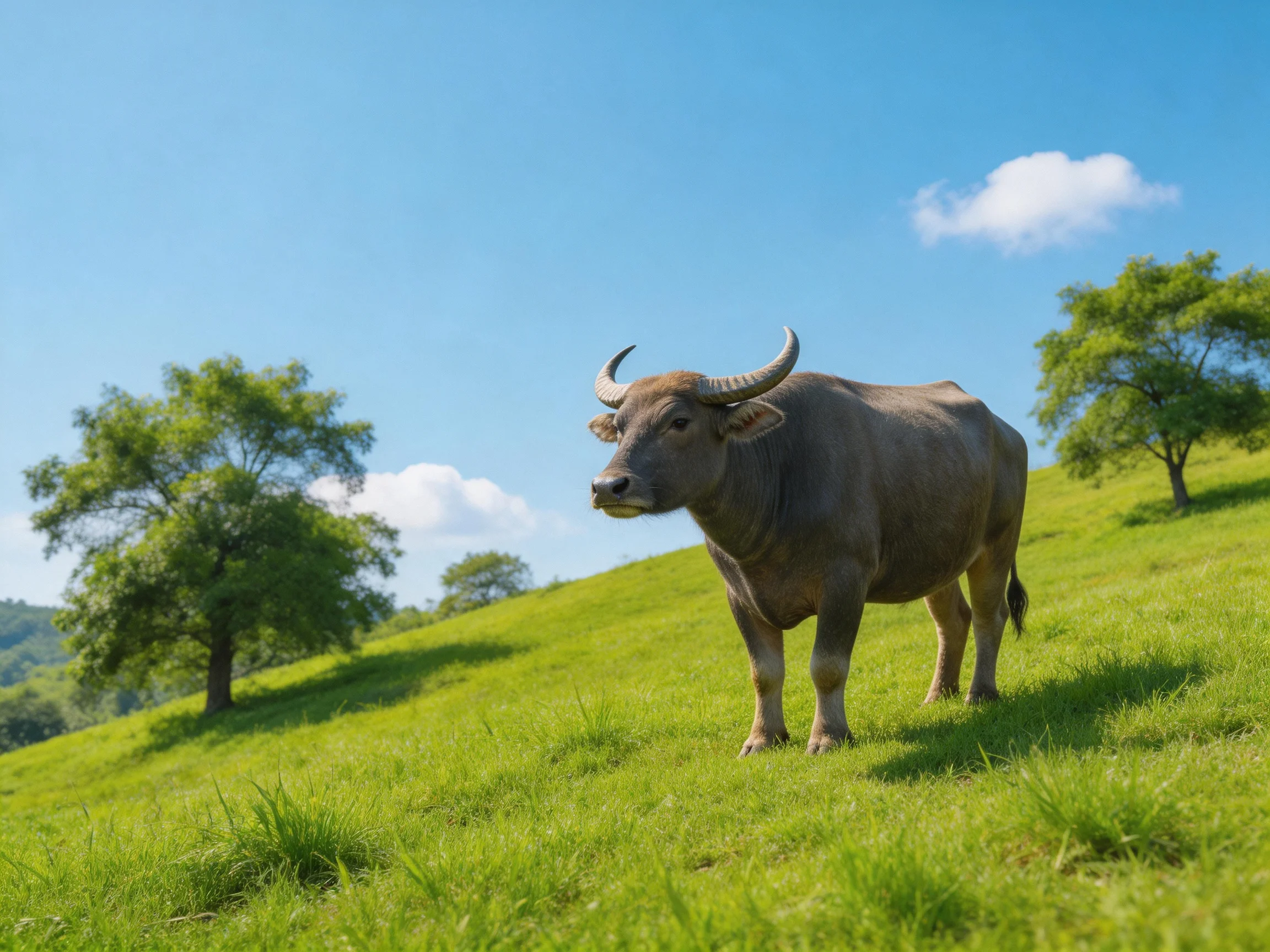 A robust brown buffalo stands on a lush green hillside with scattered trees