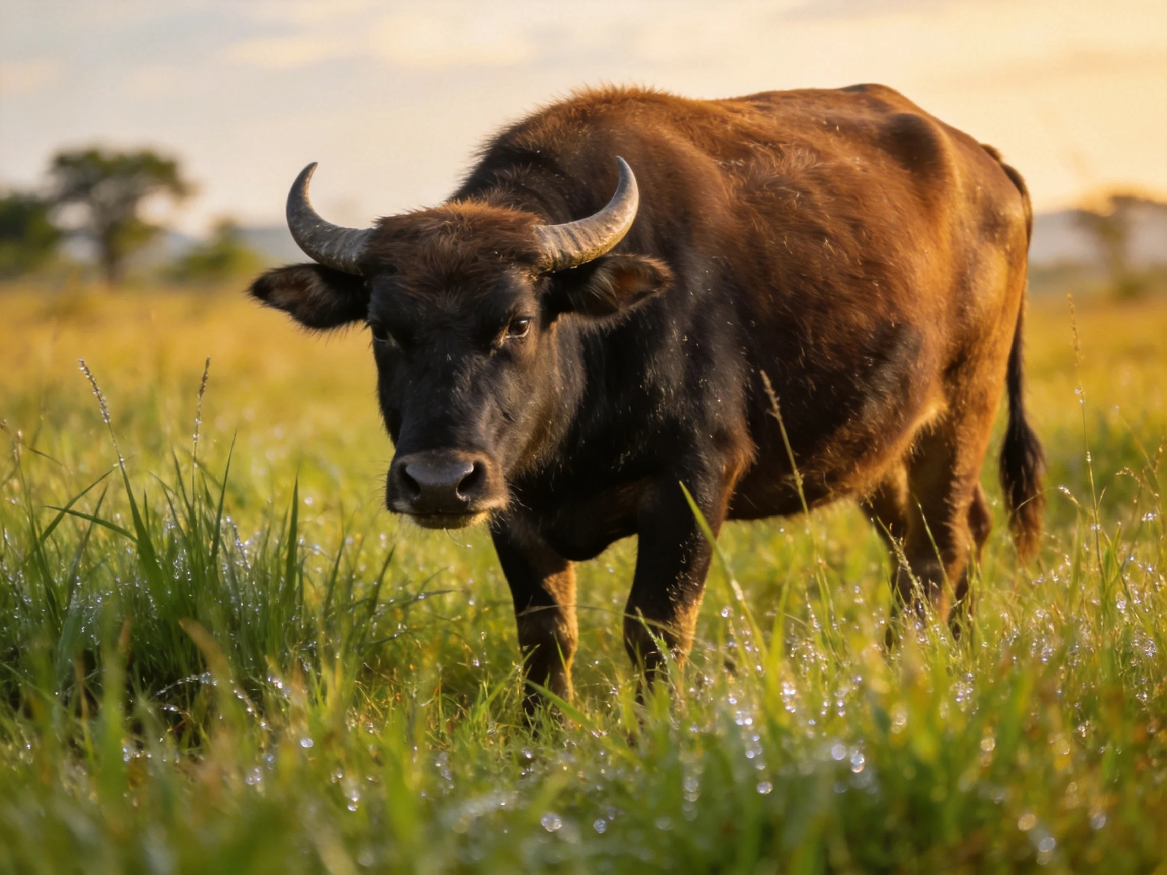 A robust brown buffalo with curved horns in dewy green grass