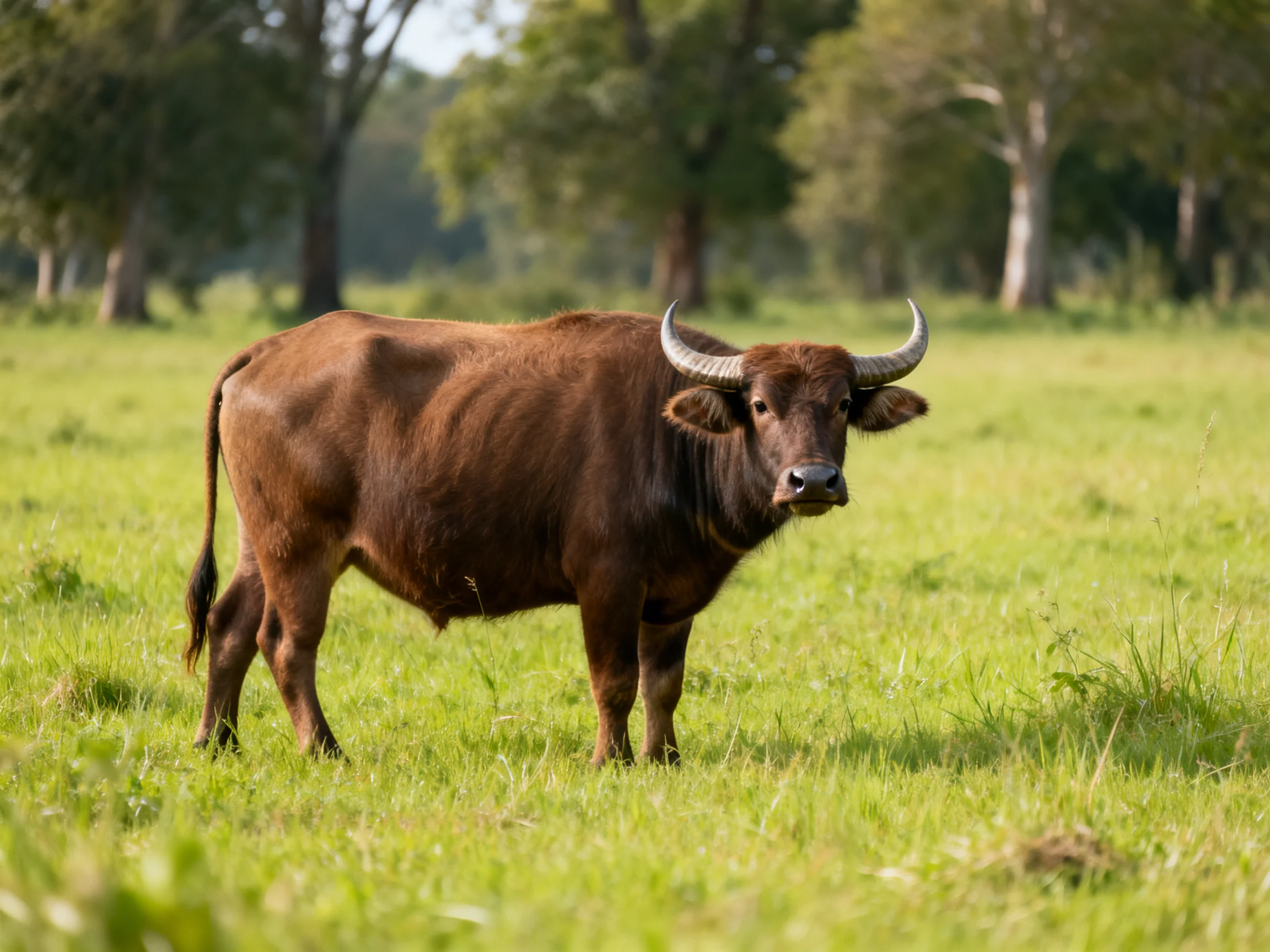 A robust brown buffalo with curved hornsin a sunlit meadow
