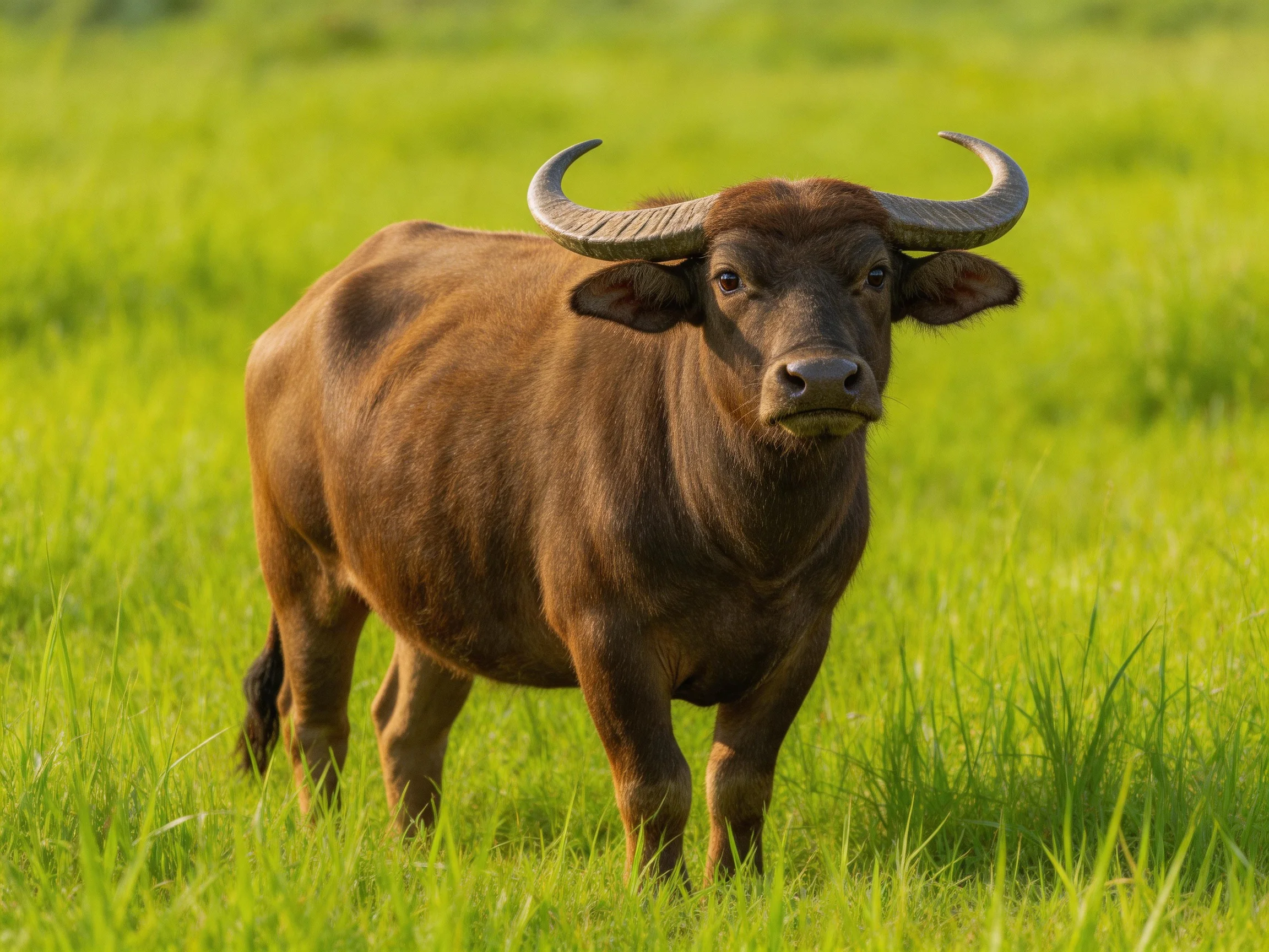 A robust brown buffalo with large curved horns stands in lush green grass