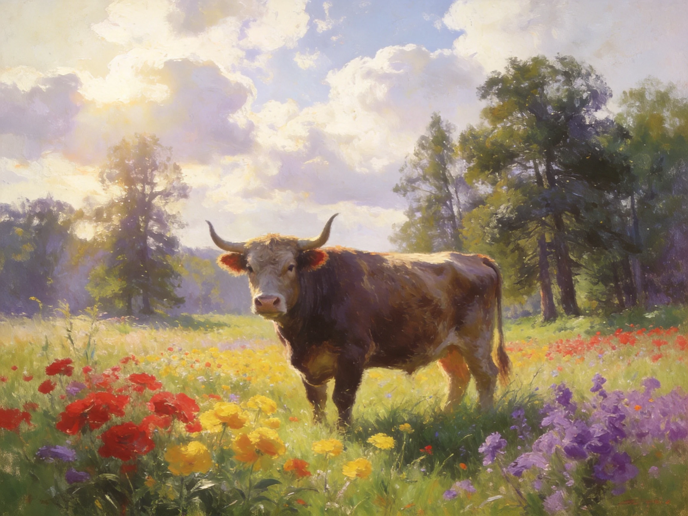 A robust brown bull in a meadow of colorful wildflowers with tall trees under a sunny sky