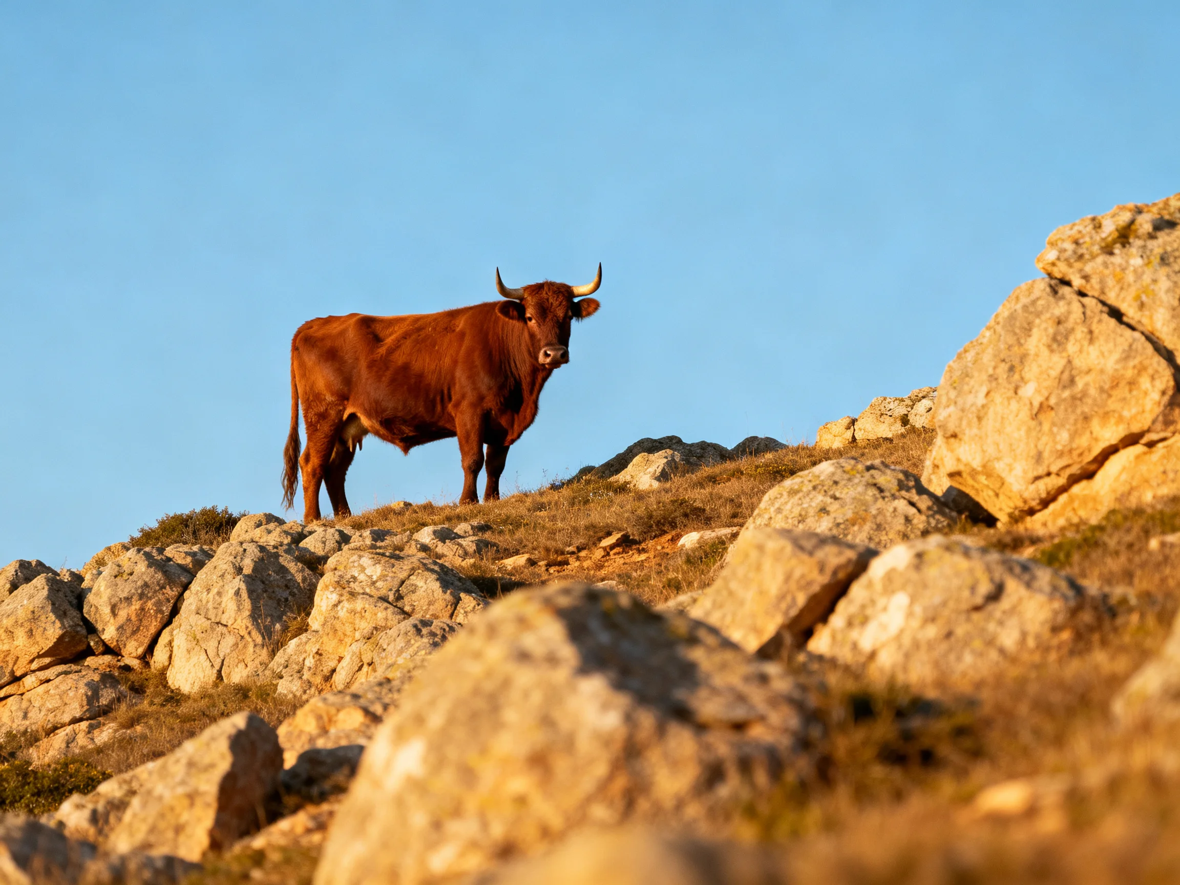 A robust brown bull stands atop rugged, sunlit rocks under a clear blue sky