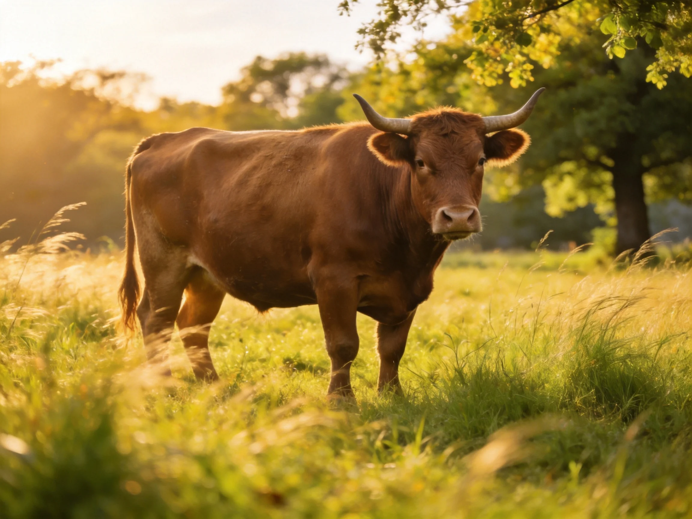 A robust brown bull stands in a sunlit green meadow near trees