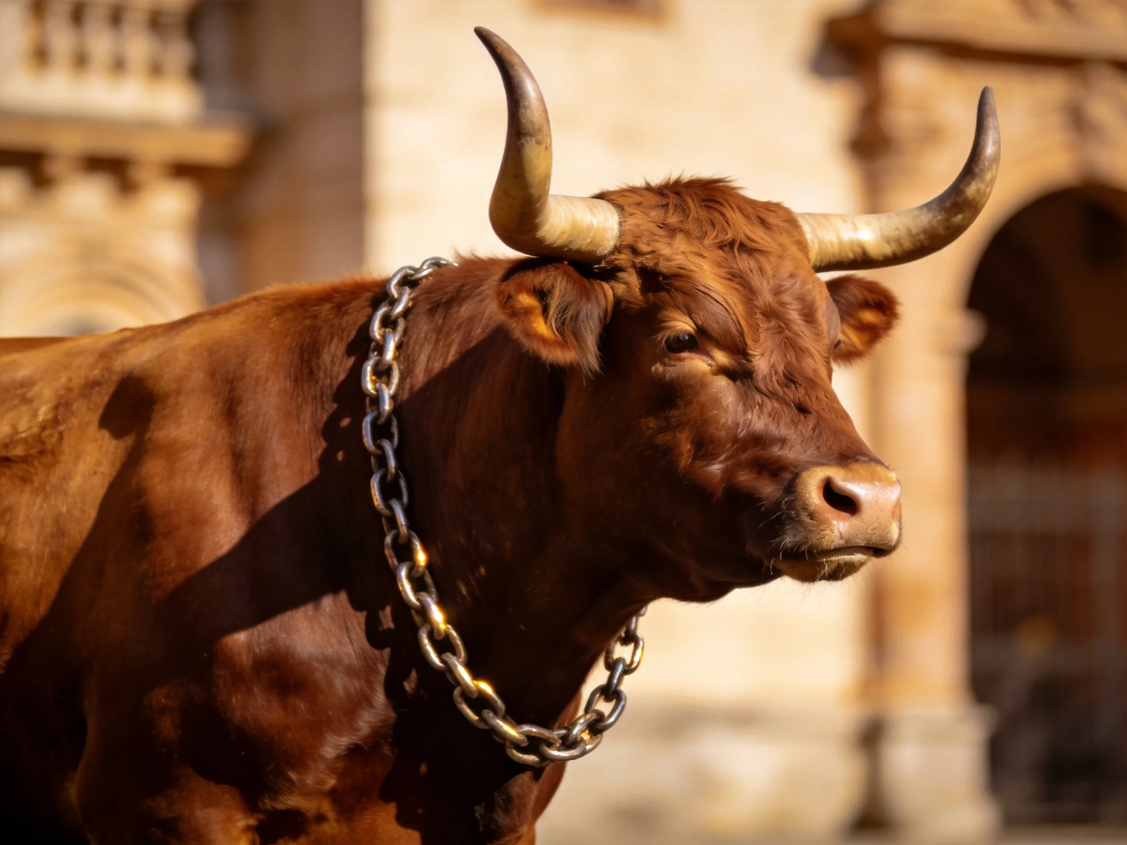 A robust brown bull with curved horns and a thick metal chain near ancient stone architecture