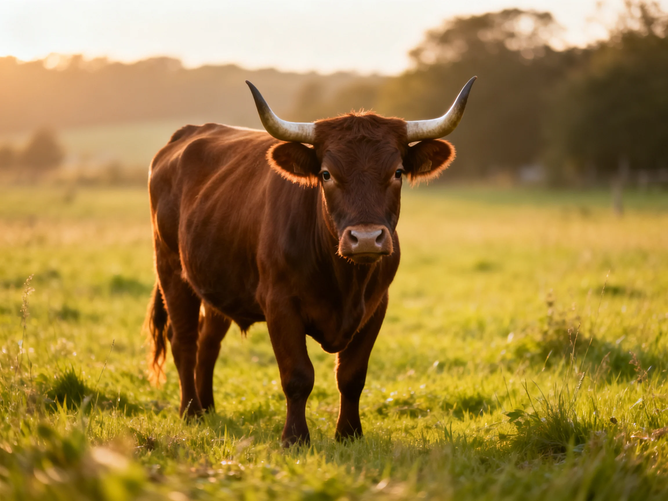A robust brown bull with curved horns in a sunlit green pasture