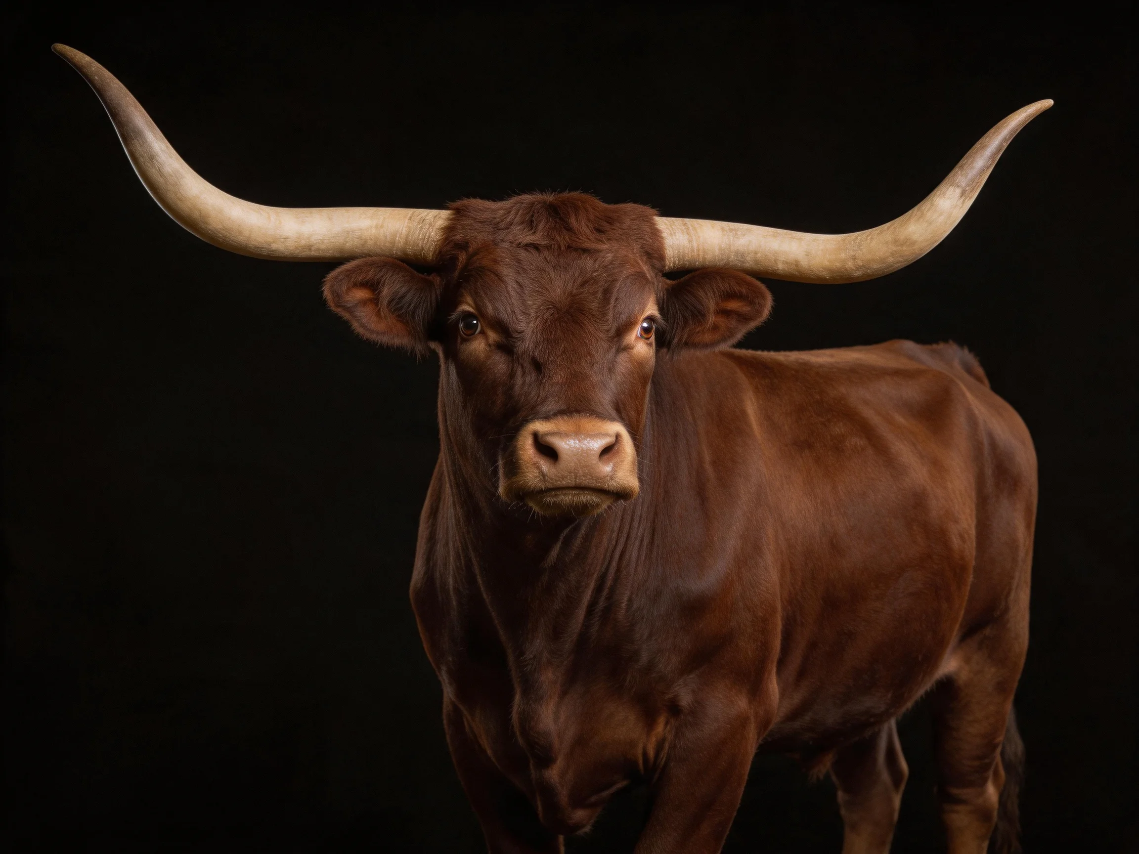 A robust brown bull with large curved horns on a black backdrop