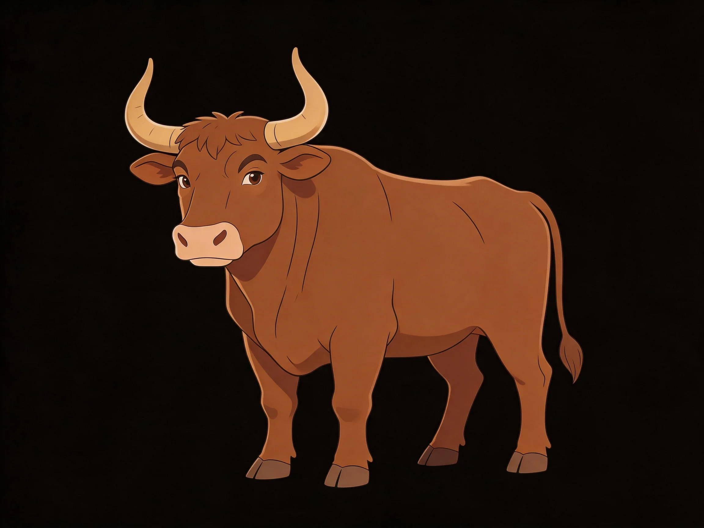 A robust brown bull with large curved horns on a black background
