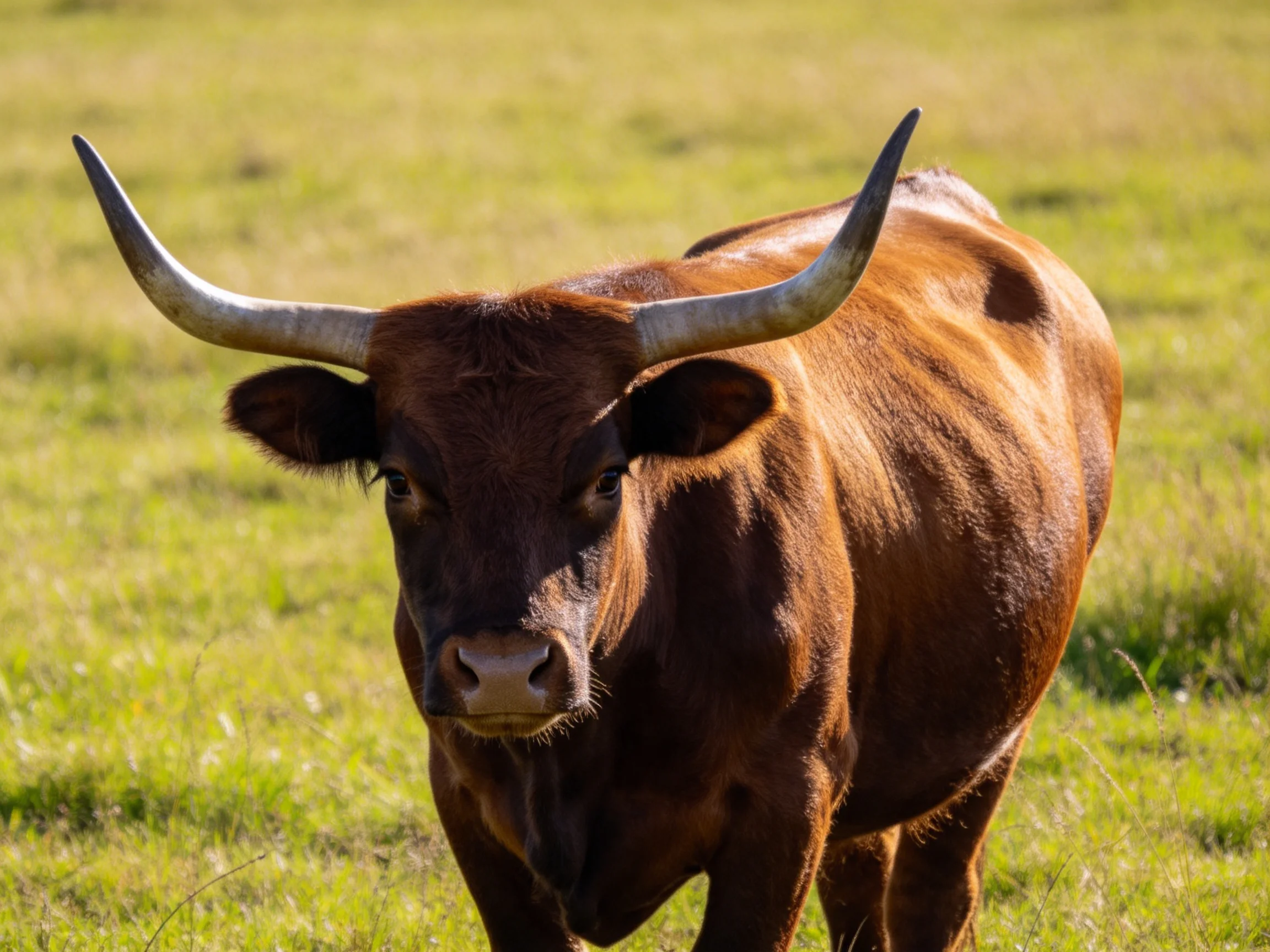 A robust brown bull with large curved horns stands in a sunlit green pasture