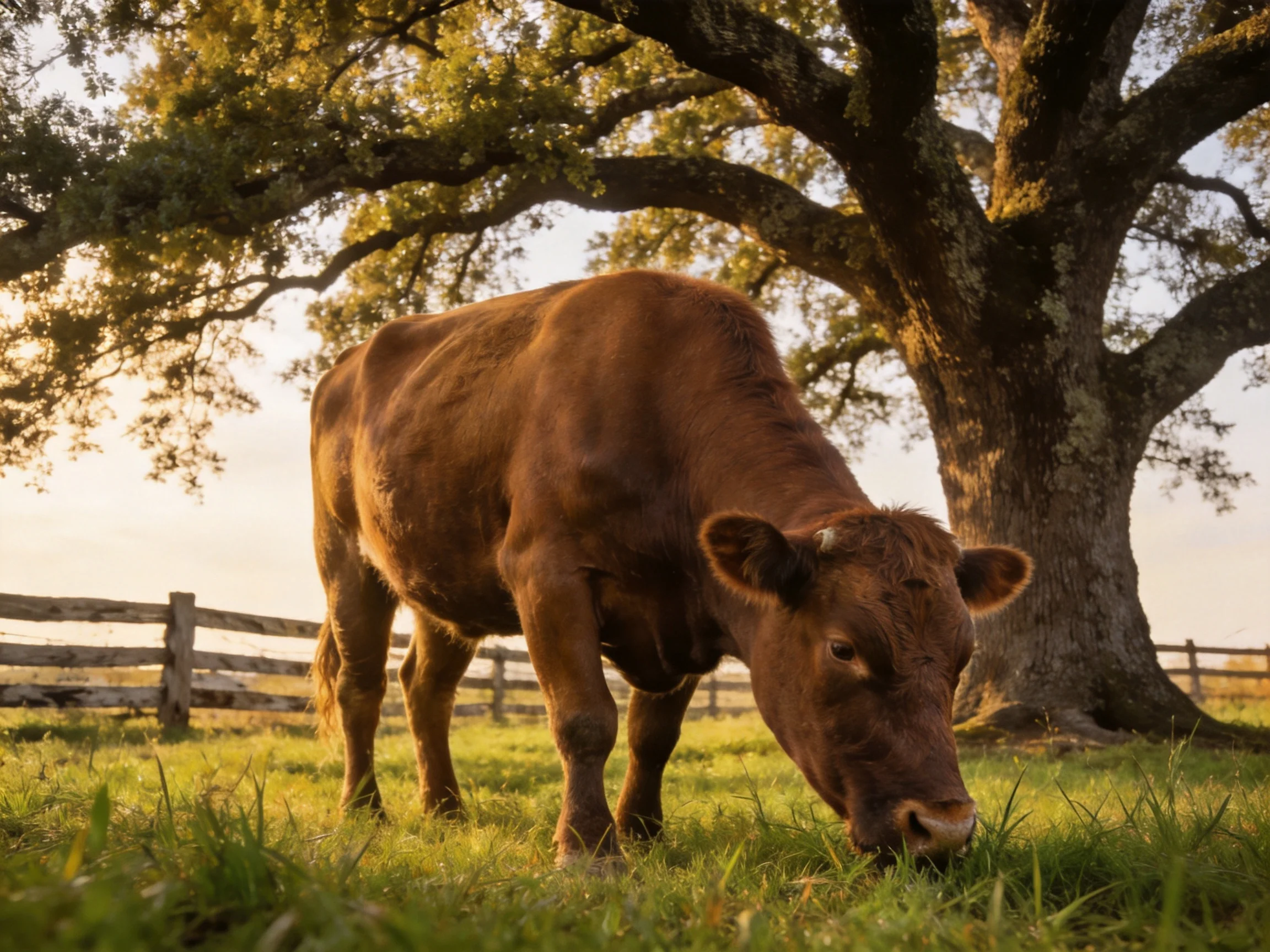 A robust brown cow grazes beside a massive ancient oak tree
