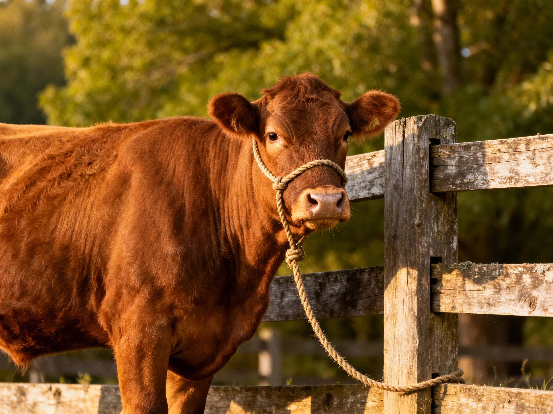 A robust brown cow near an aged wooden fence with a rope halter