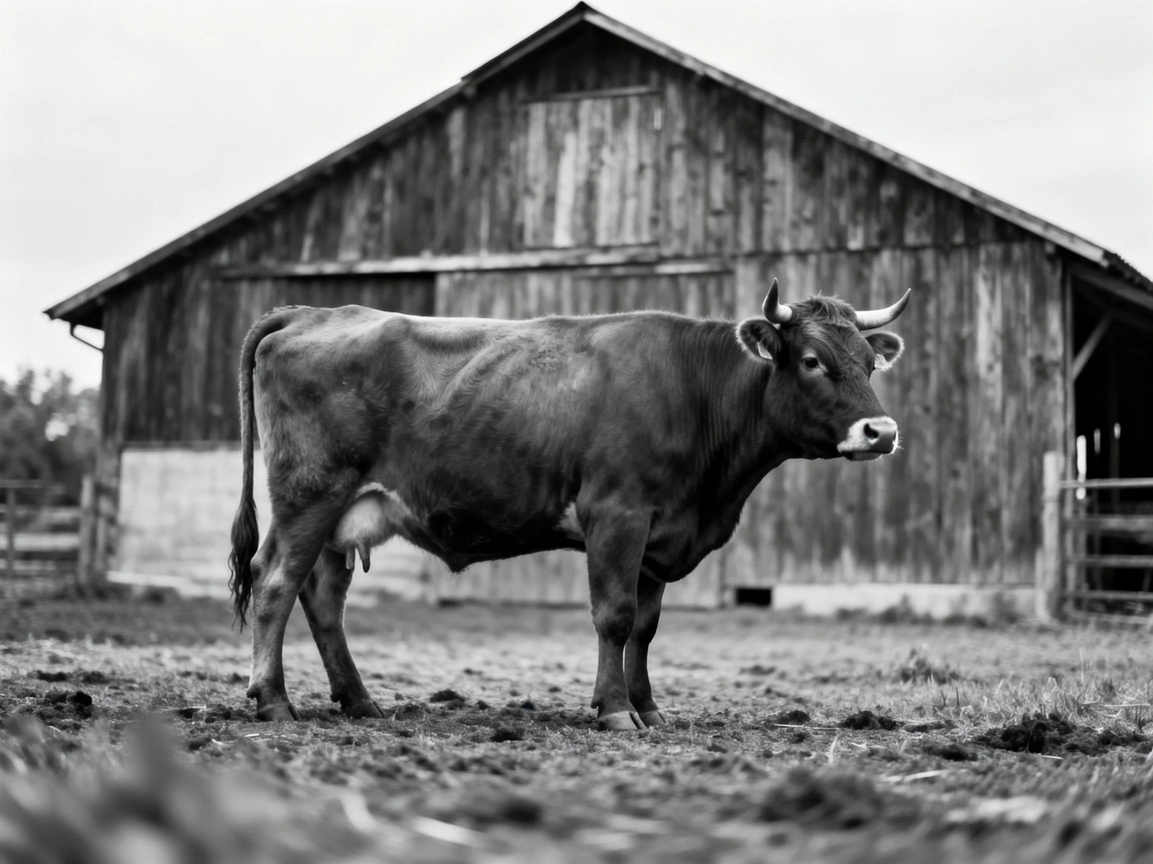 A robust brown cow stands before an aged wooden barn in monochrome.