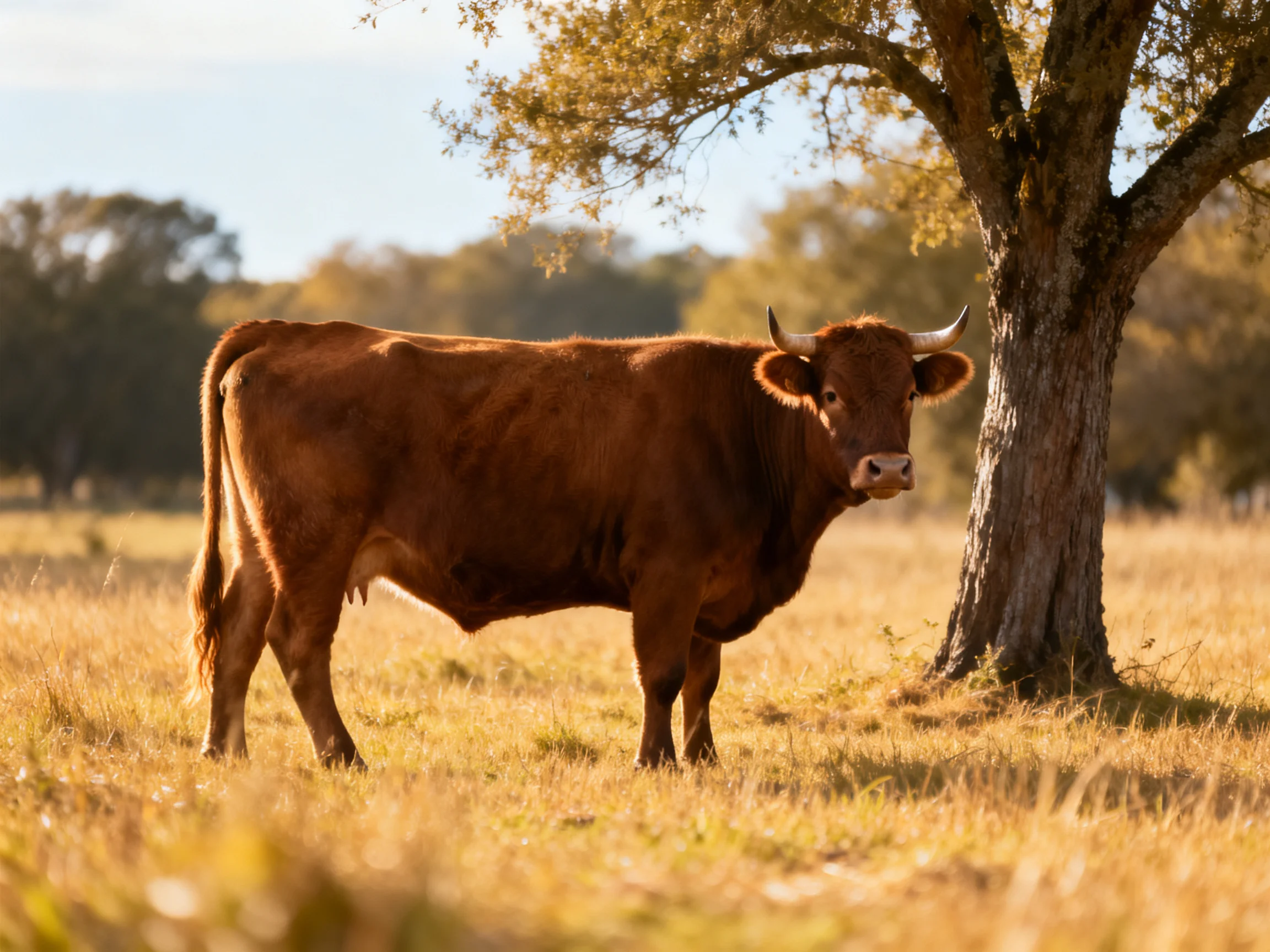 A robust brown cow stands beside a large tree in golden grassland