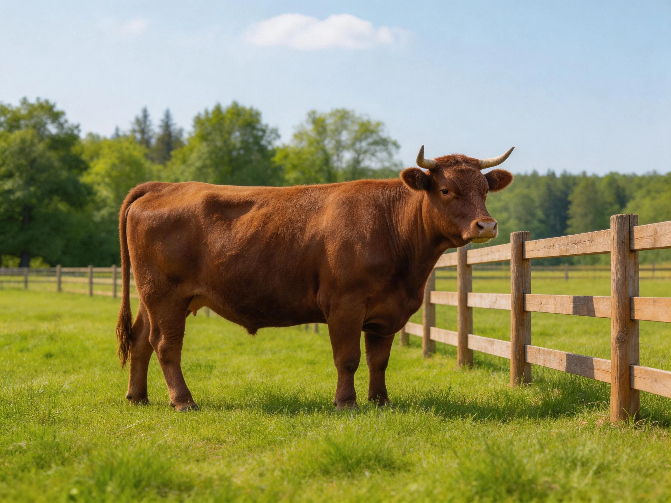 A robust brown cow stands beside a wooden fence in a green pasture