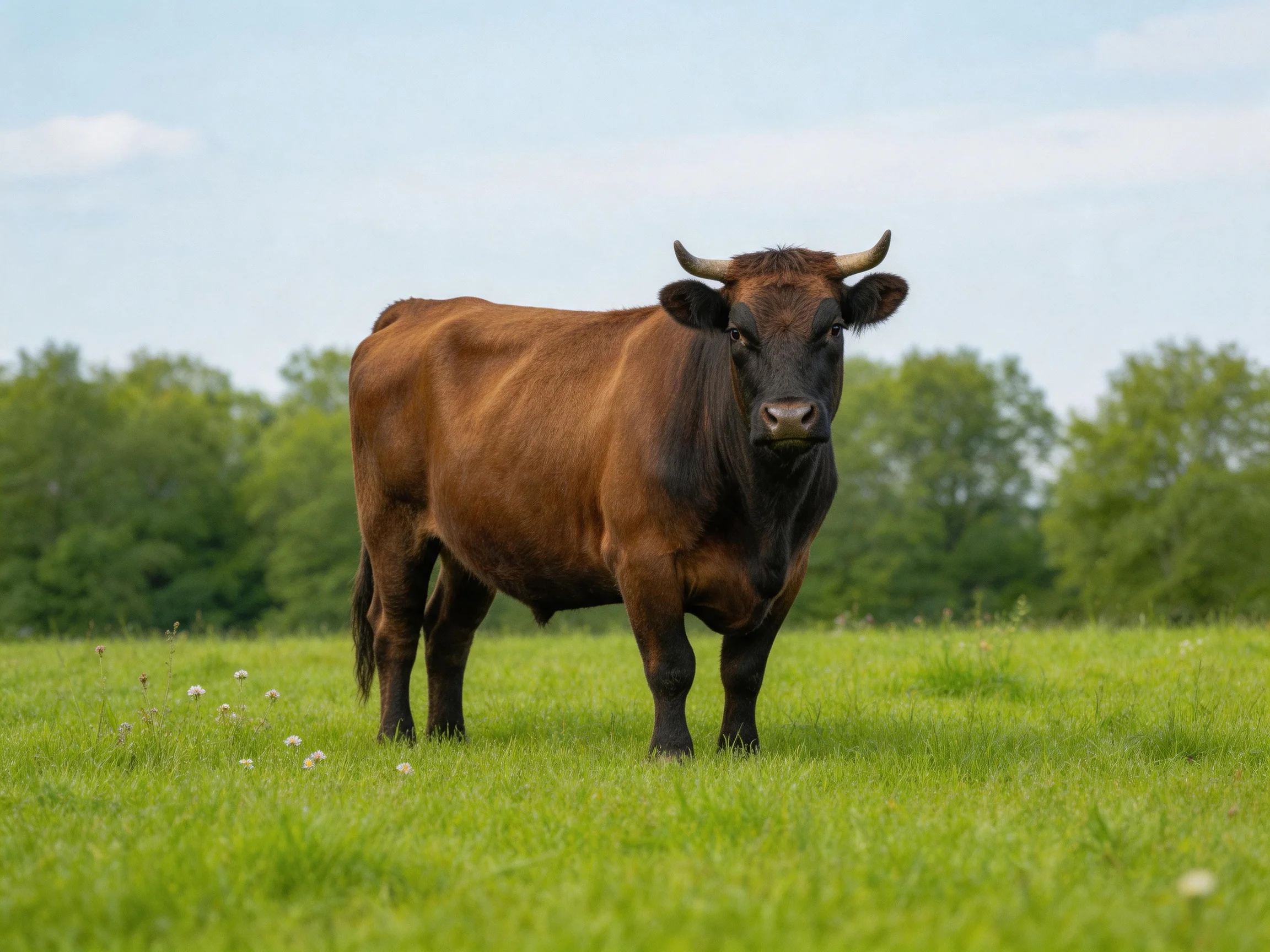 A robust brown cow stands in a lush green meadow with distant trees