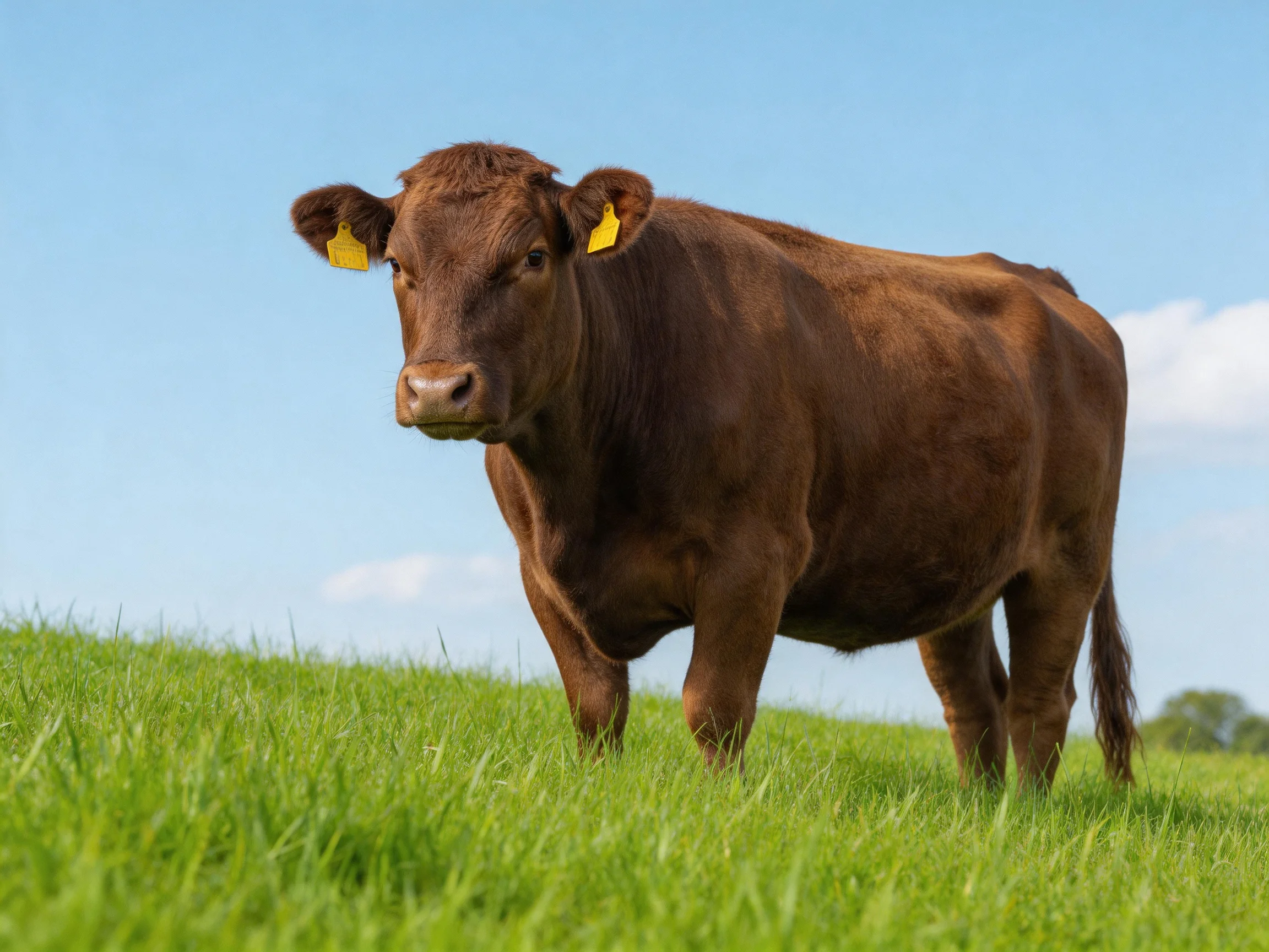 A robust brown cow stands in a lush green pasture under clear blue sky