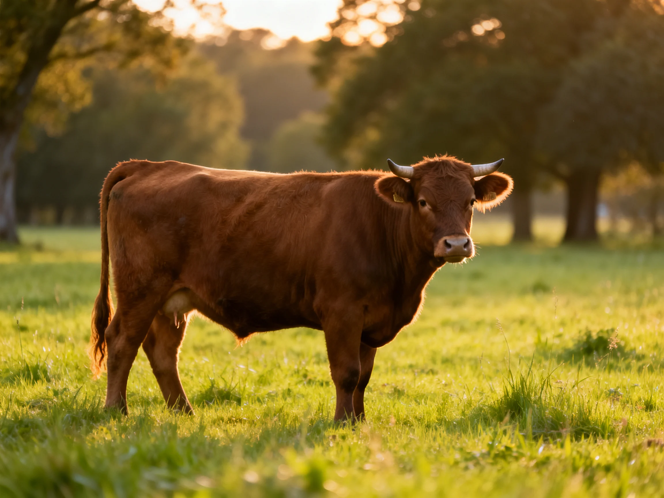 A robust brown cow stands in a sunlit green pasture with distant trees