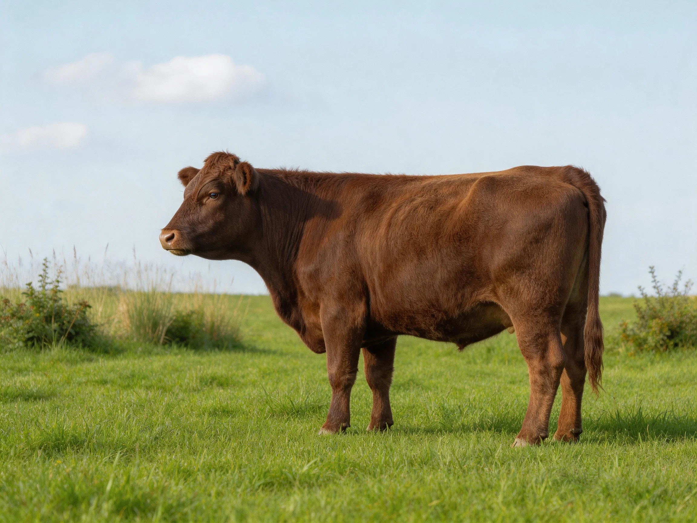 A robust brown cow stands in an expansive green pasture under clear skies