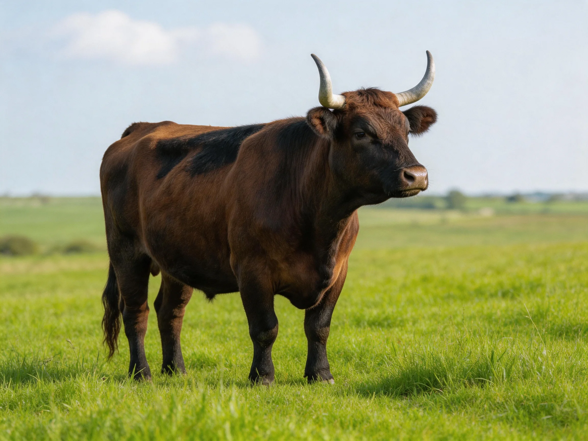 A robust brown horned bull stands in a lush green pasture