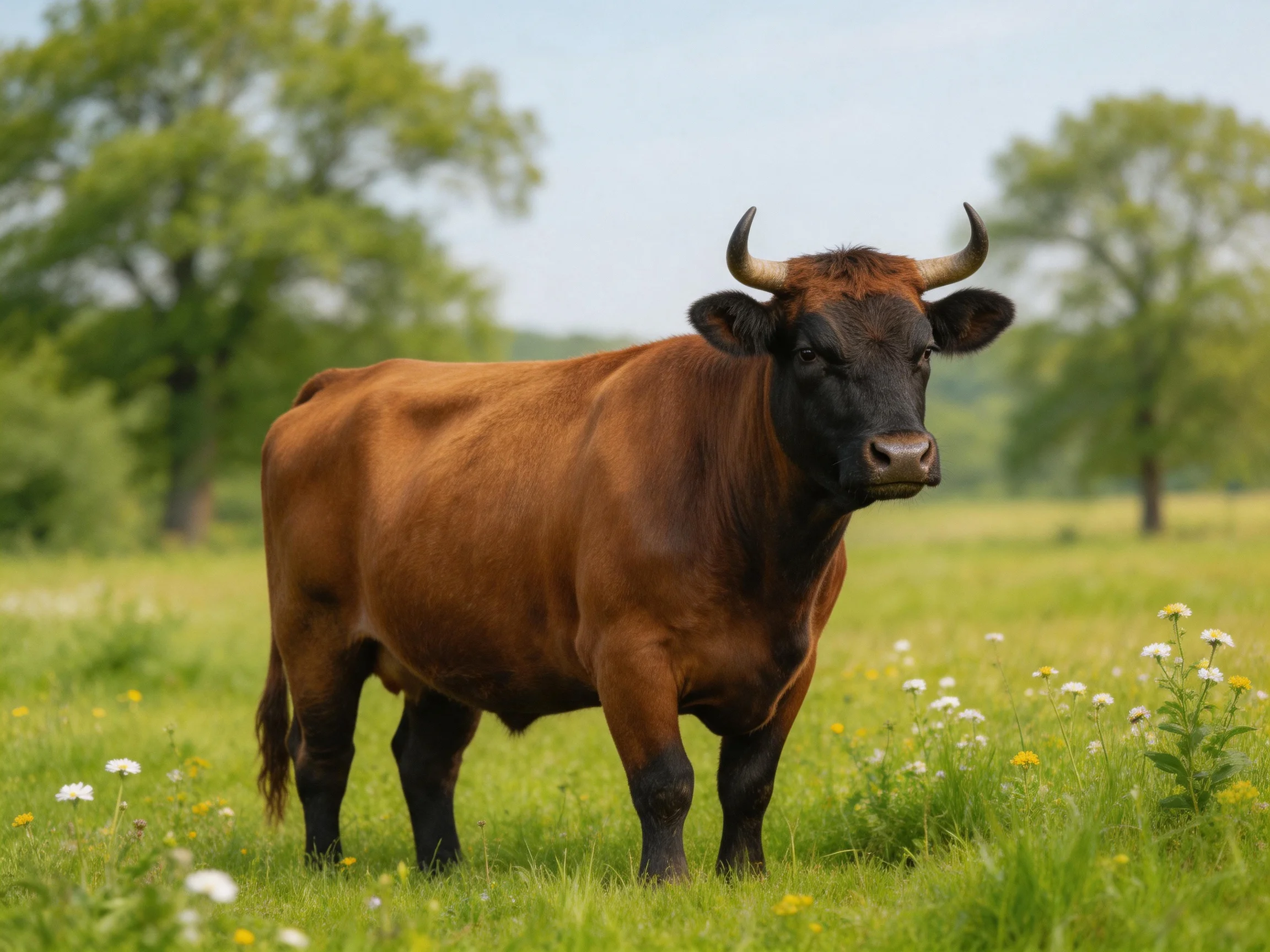 A robust brown horned cow stands in a lush green meadow