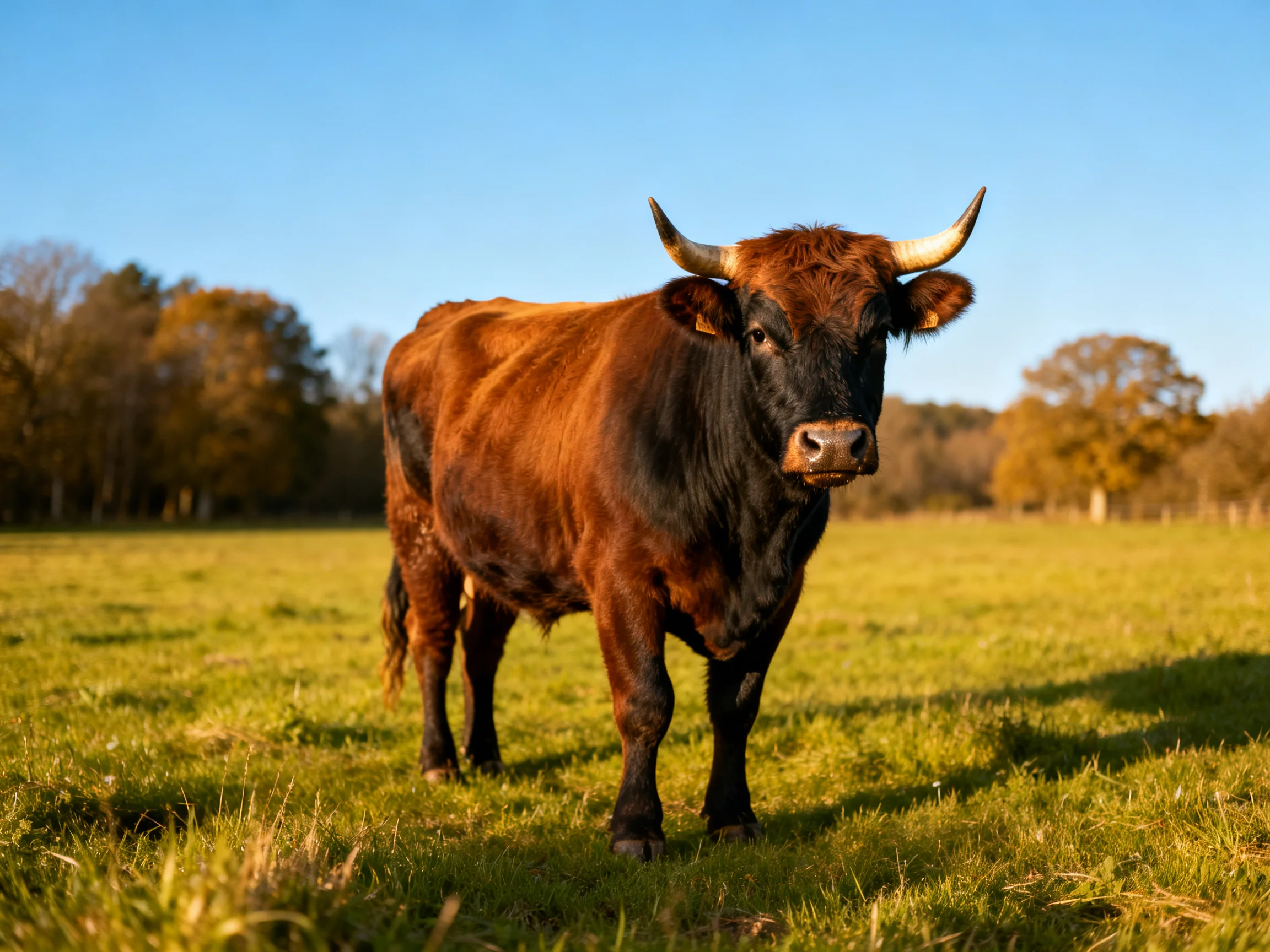 A robust brown horned cow stands in a sunlit green pasture