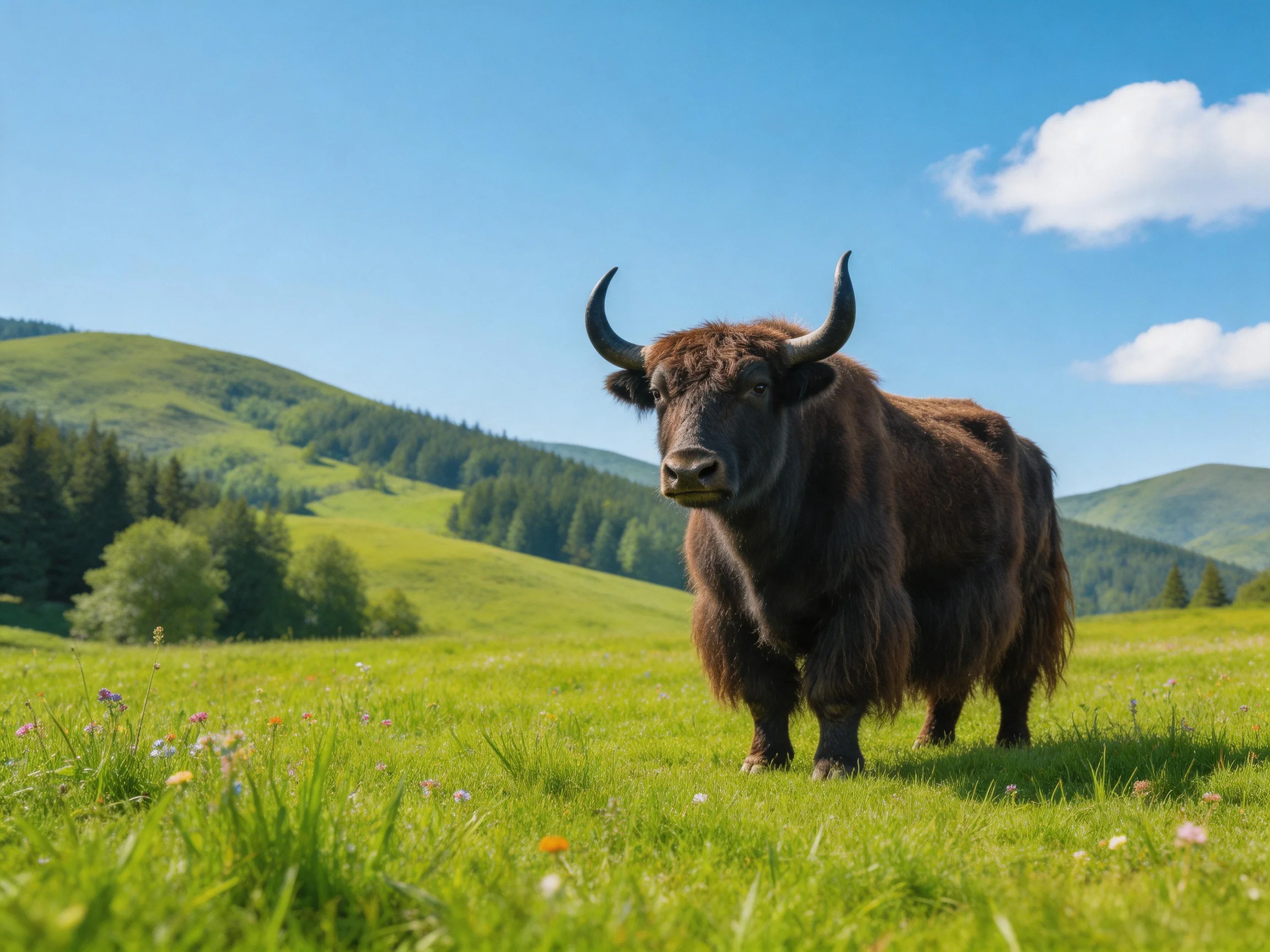 A robust brown yak in a lush green meadow with rolling hills