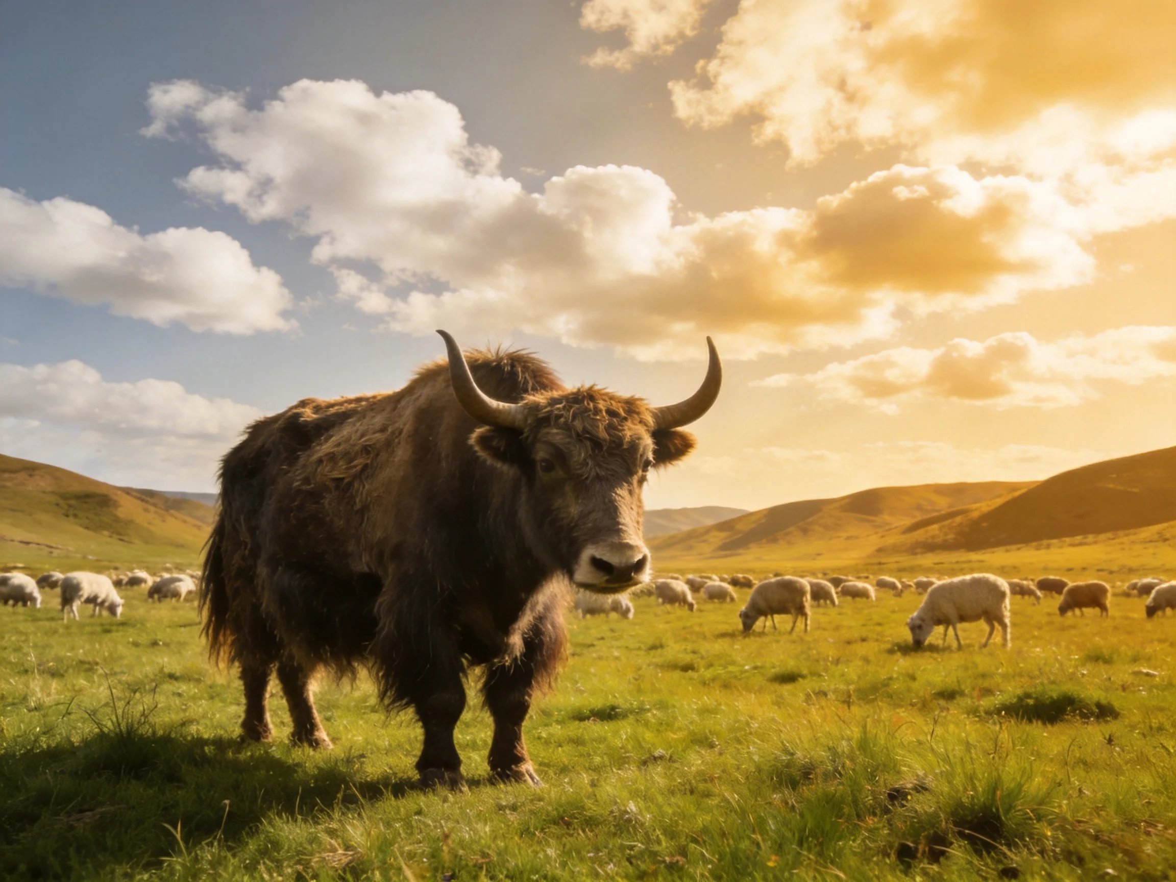 A robust brown yak stands amid grazing sheep in a golden meadow