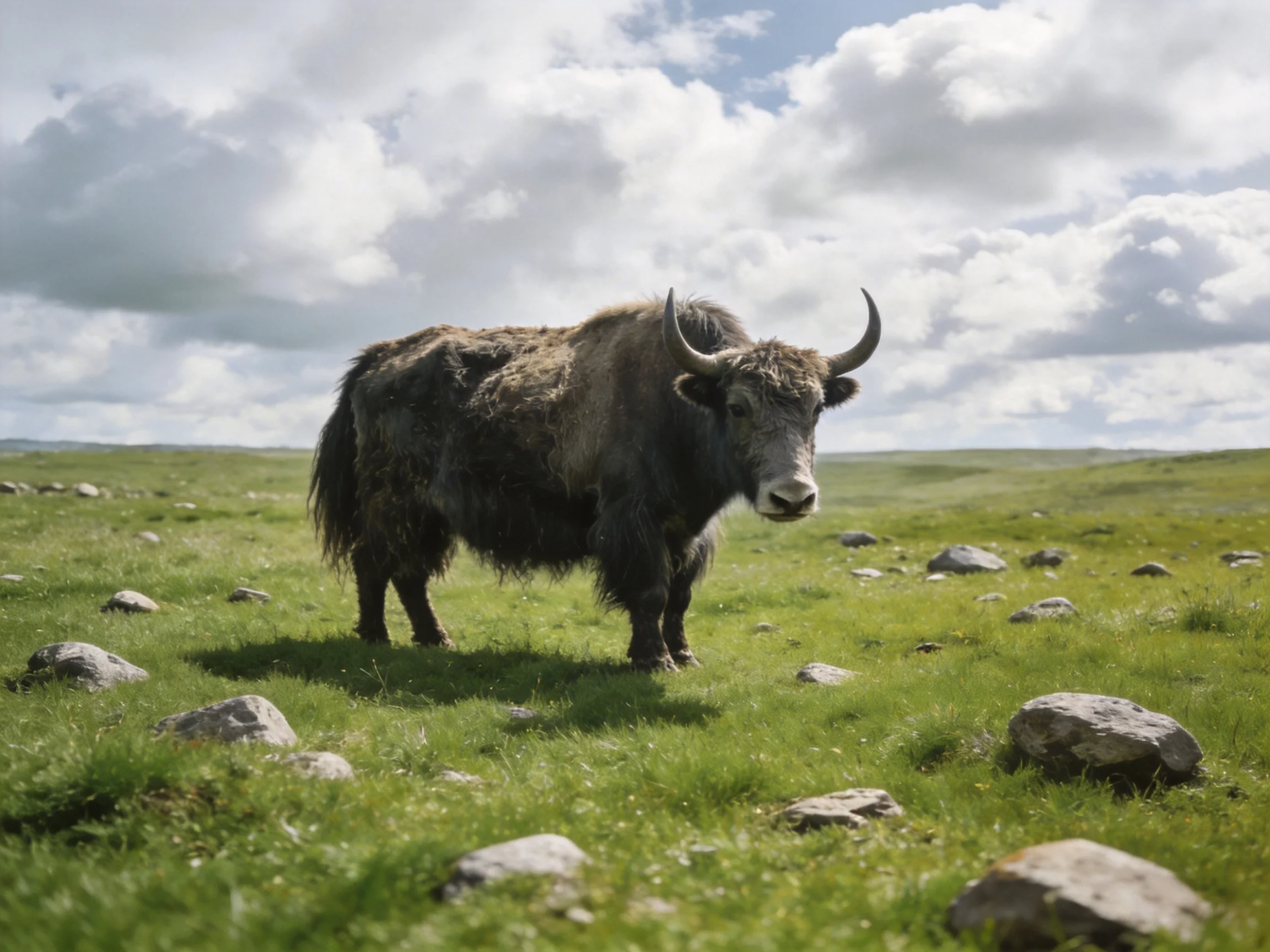 A robust brown yak stands among scattered rocks on a vast green plain
