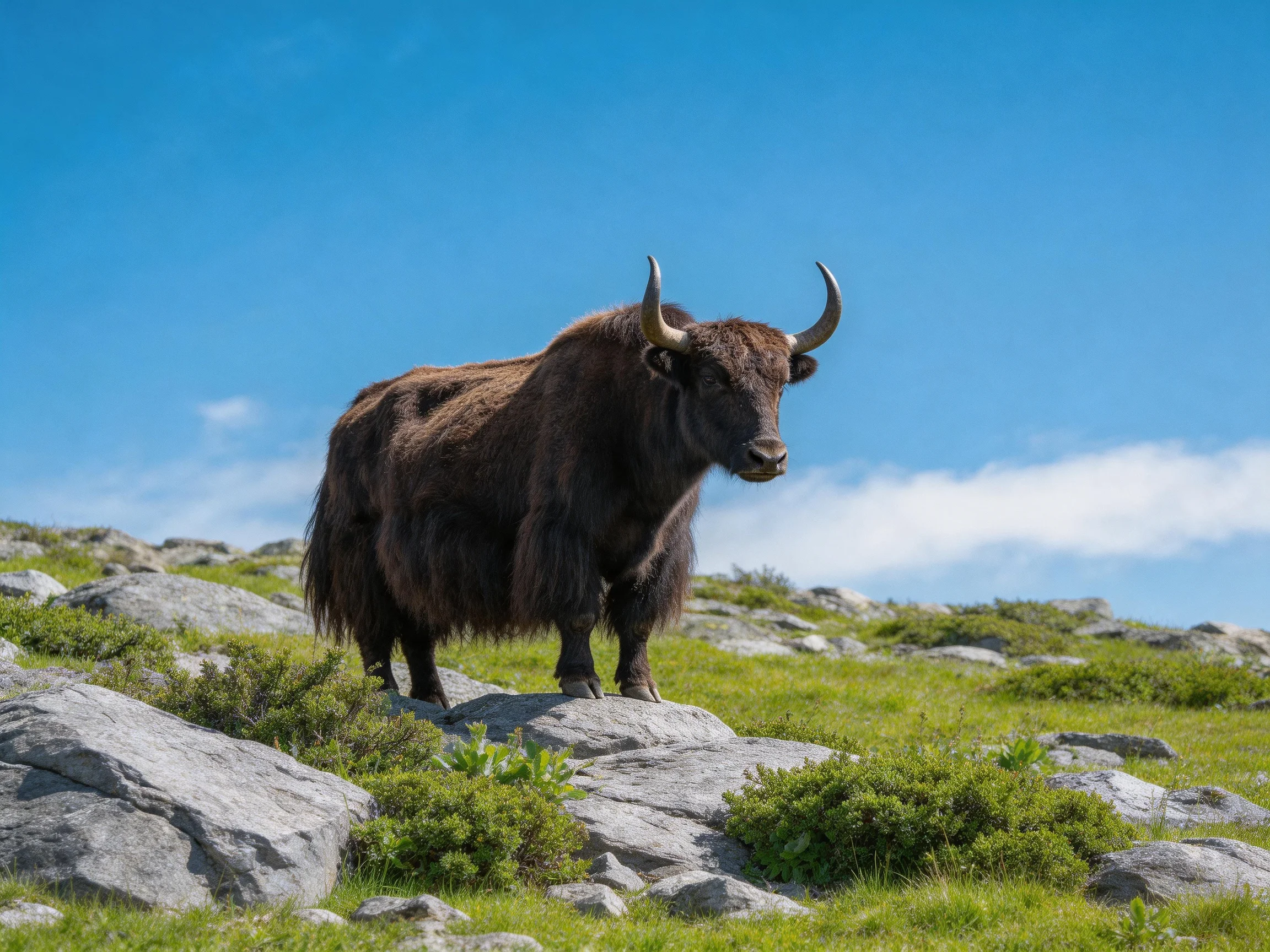 A robust brown yak stands on rocky terrain with greenery