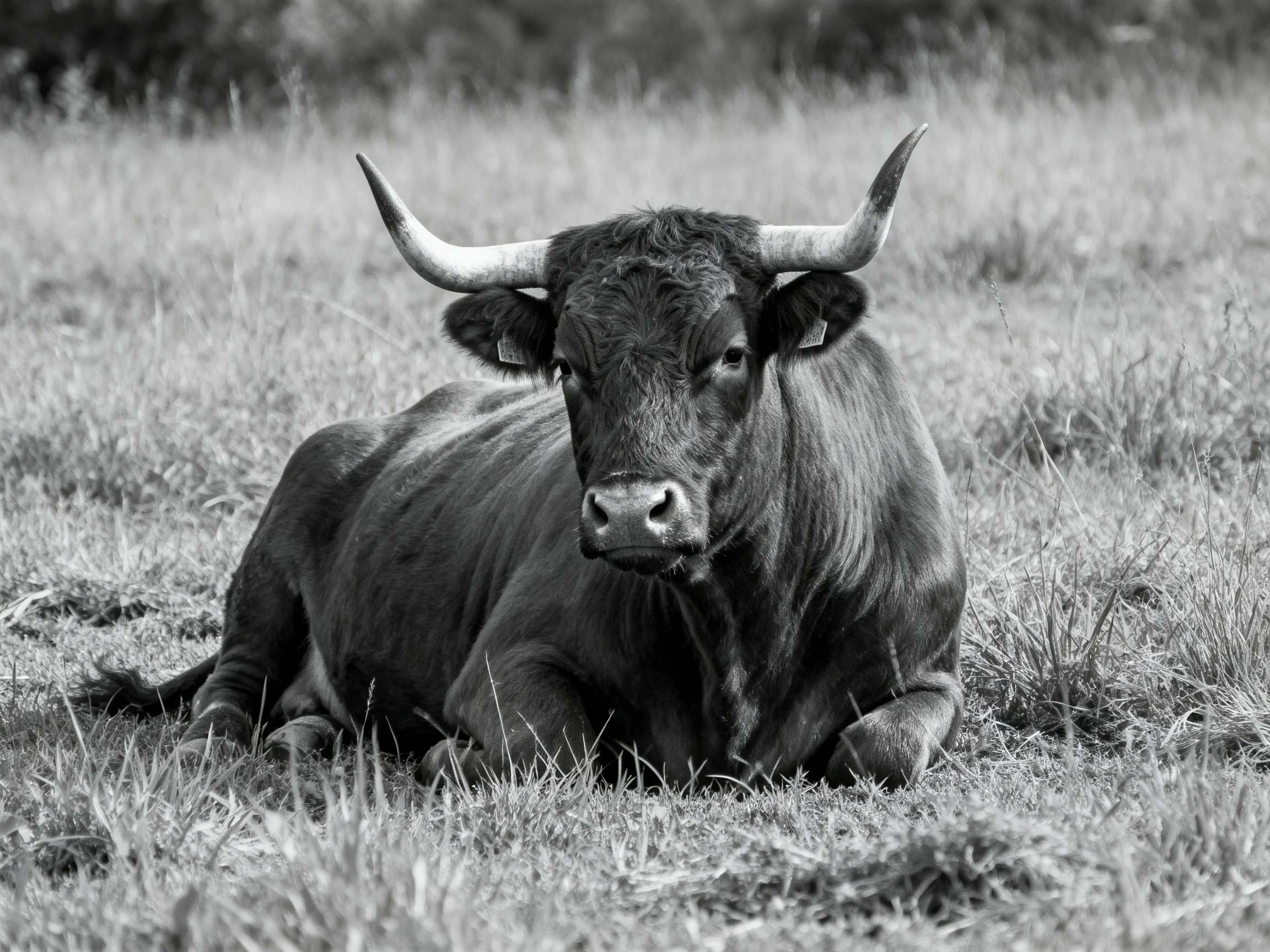 A robust bull with large curved horns rests in tall grass