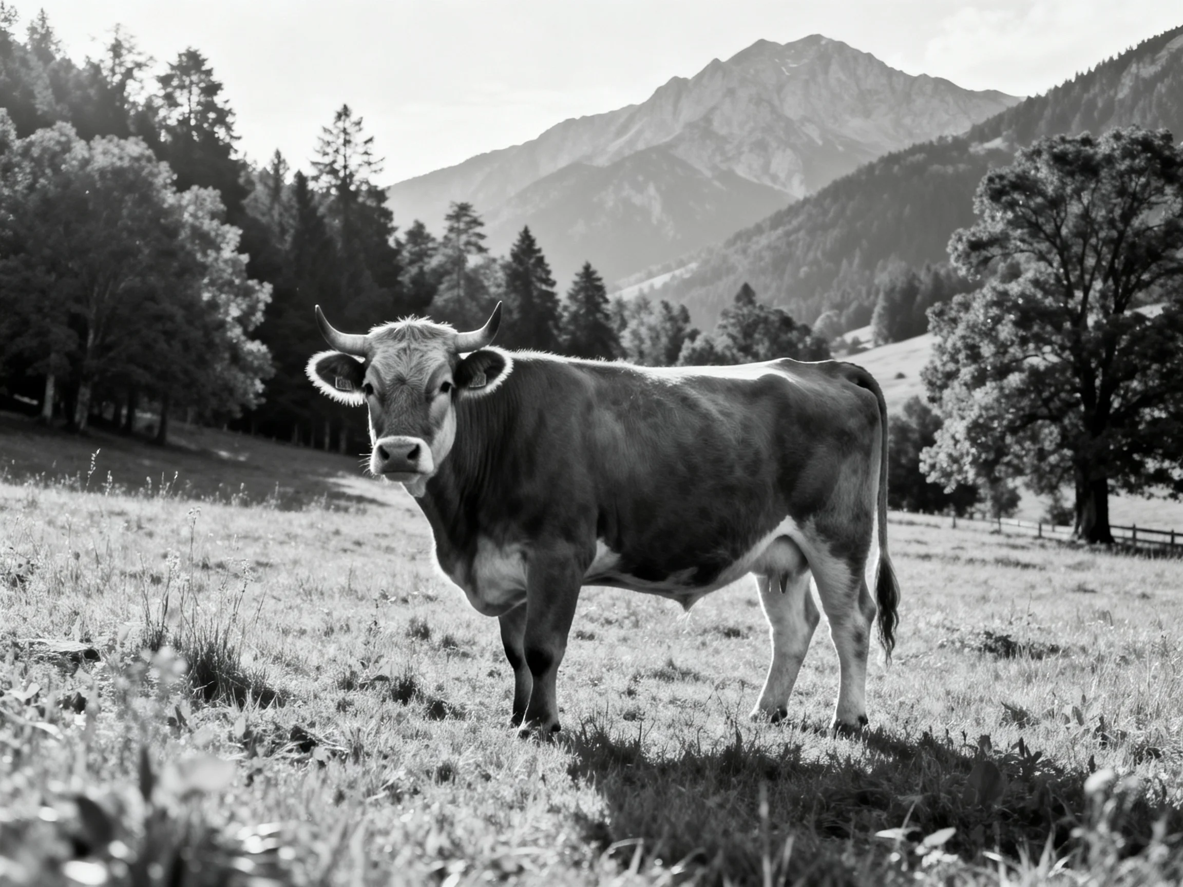A robust cow stands in a sunlit meadow near forested mountains