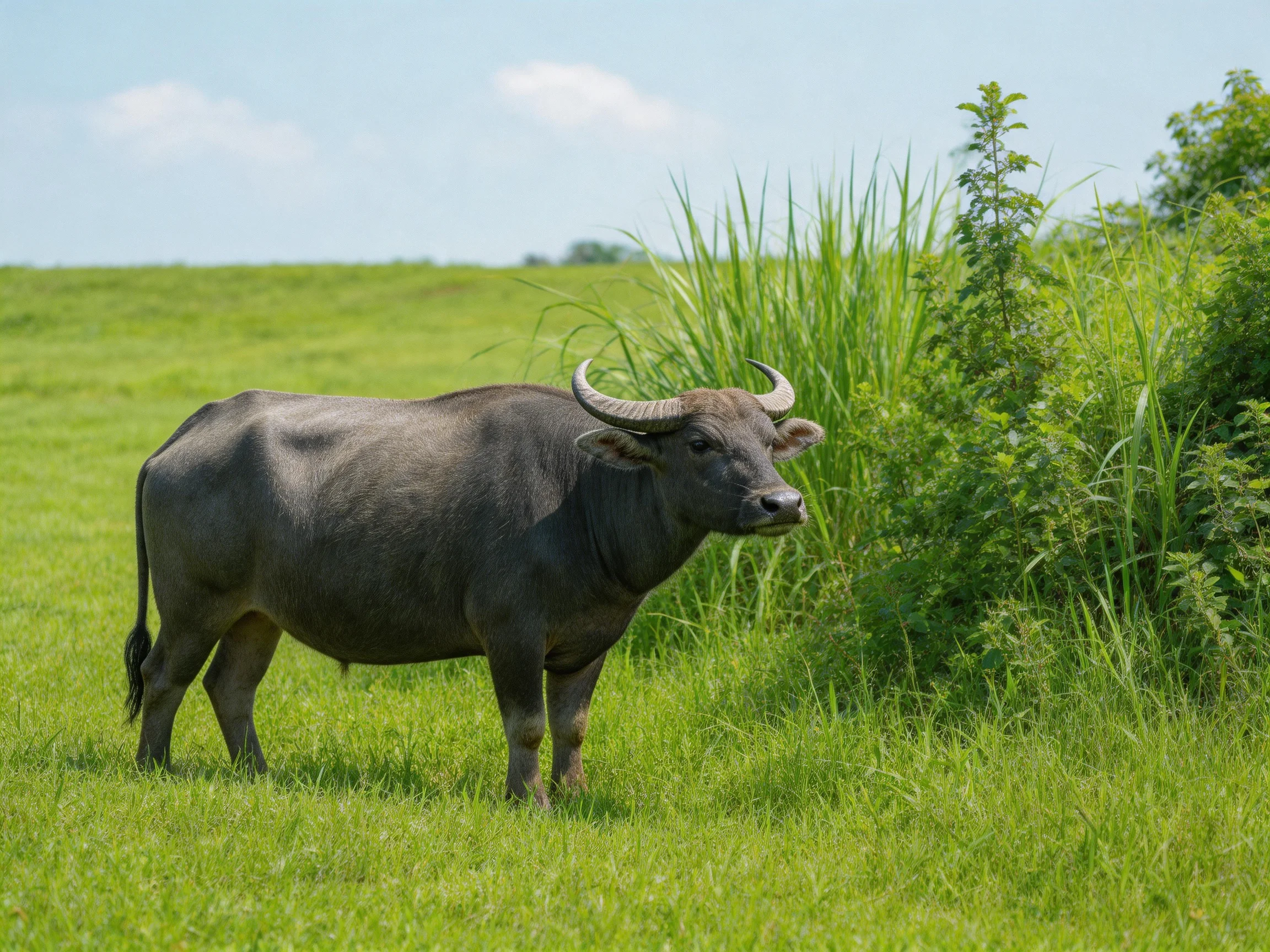 A robust gray water buffalo in a sun-drenched grassy field