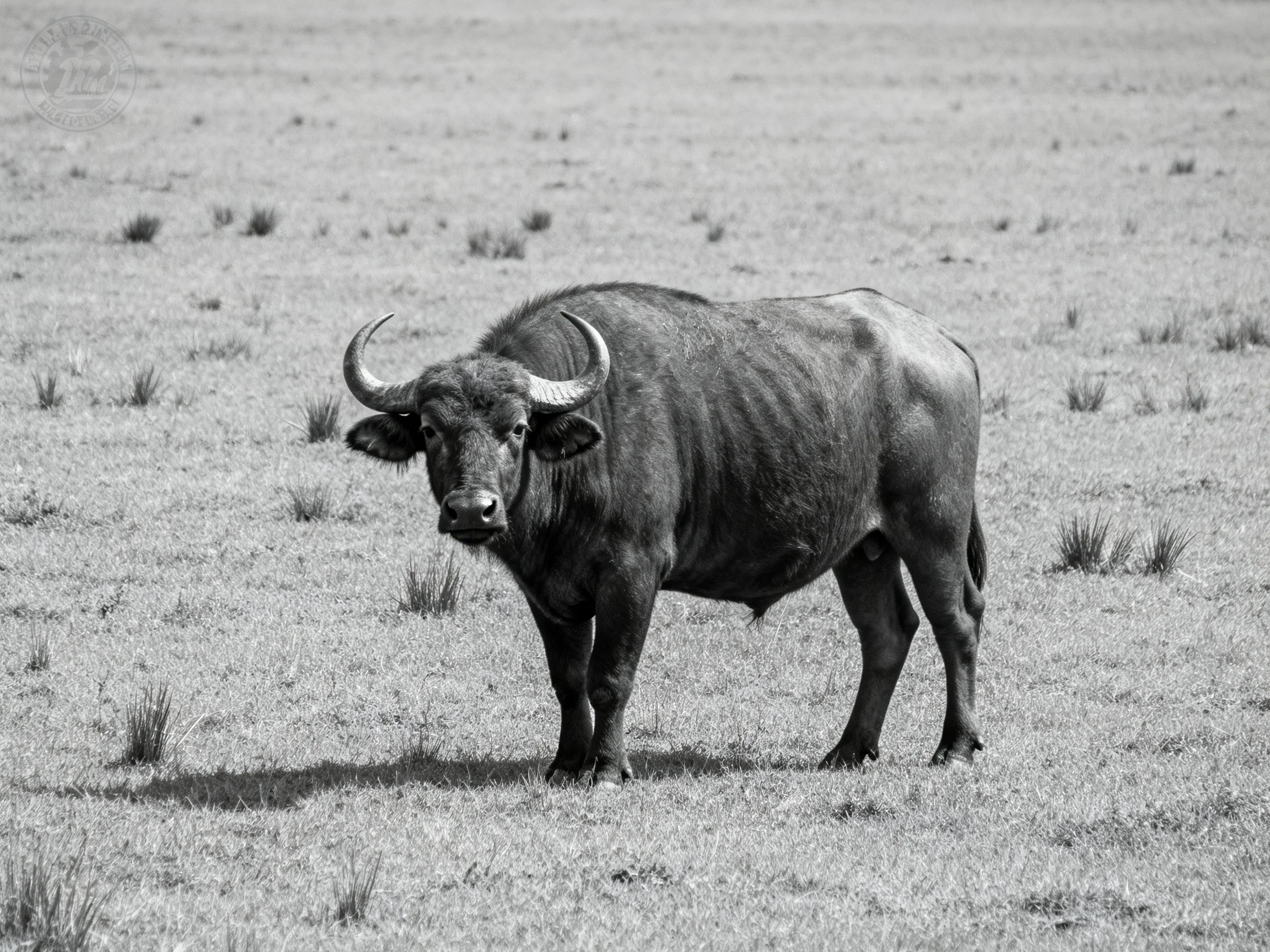 A robust horned buffalo stands in a vast grassy plain
