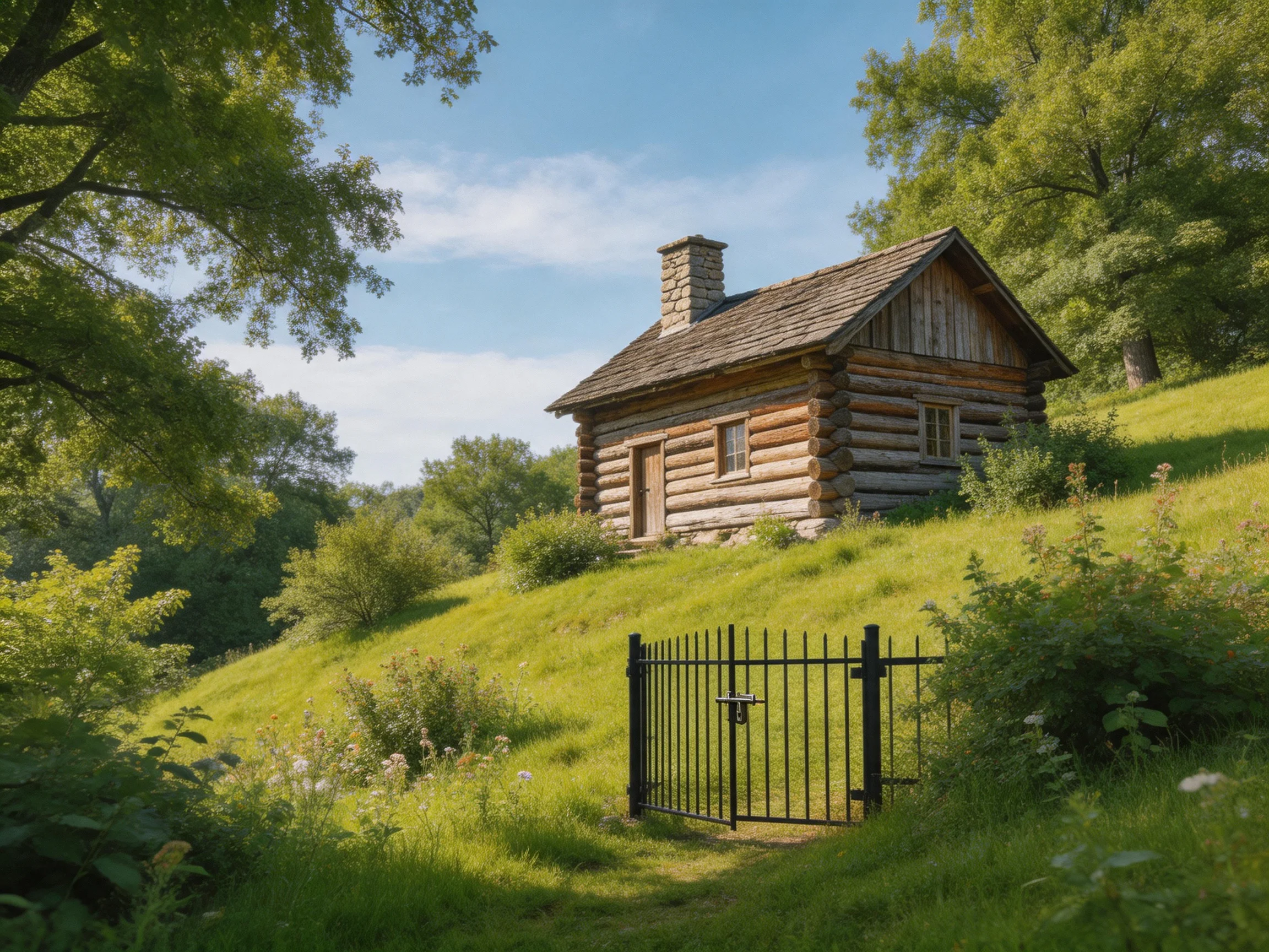 A rustic log cabin sits atop a lush green hillside near a black metal gate.