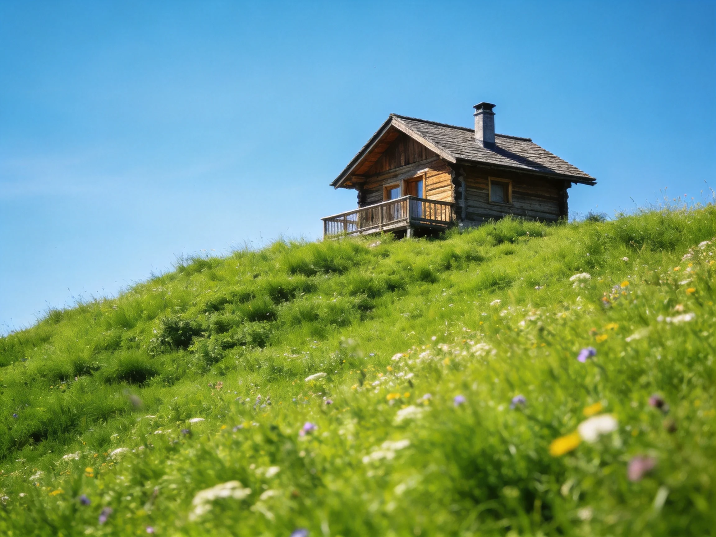 A rustic log cabin sits atop a vibrant green hillside with wildflowers