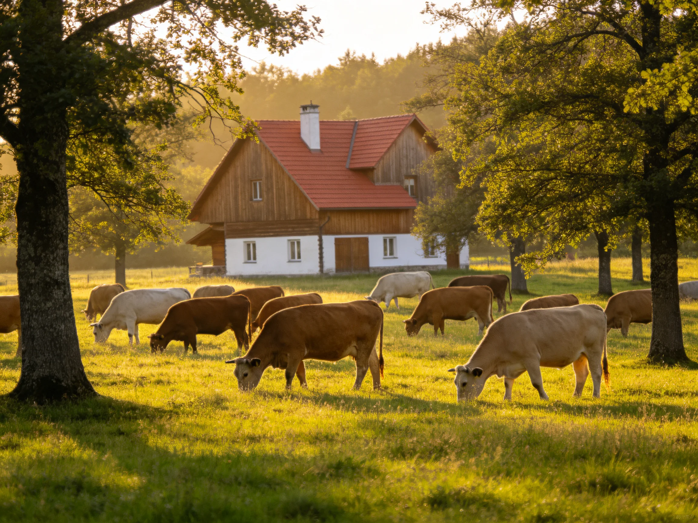 A rustic wooden farmhouse with grazing cattle in a sunlit meadow