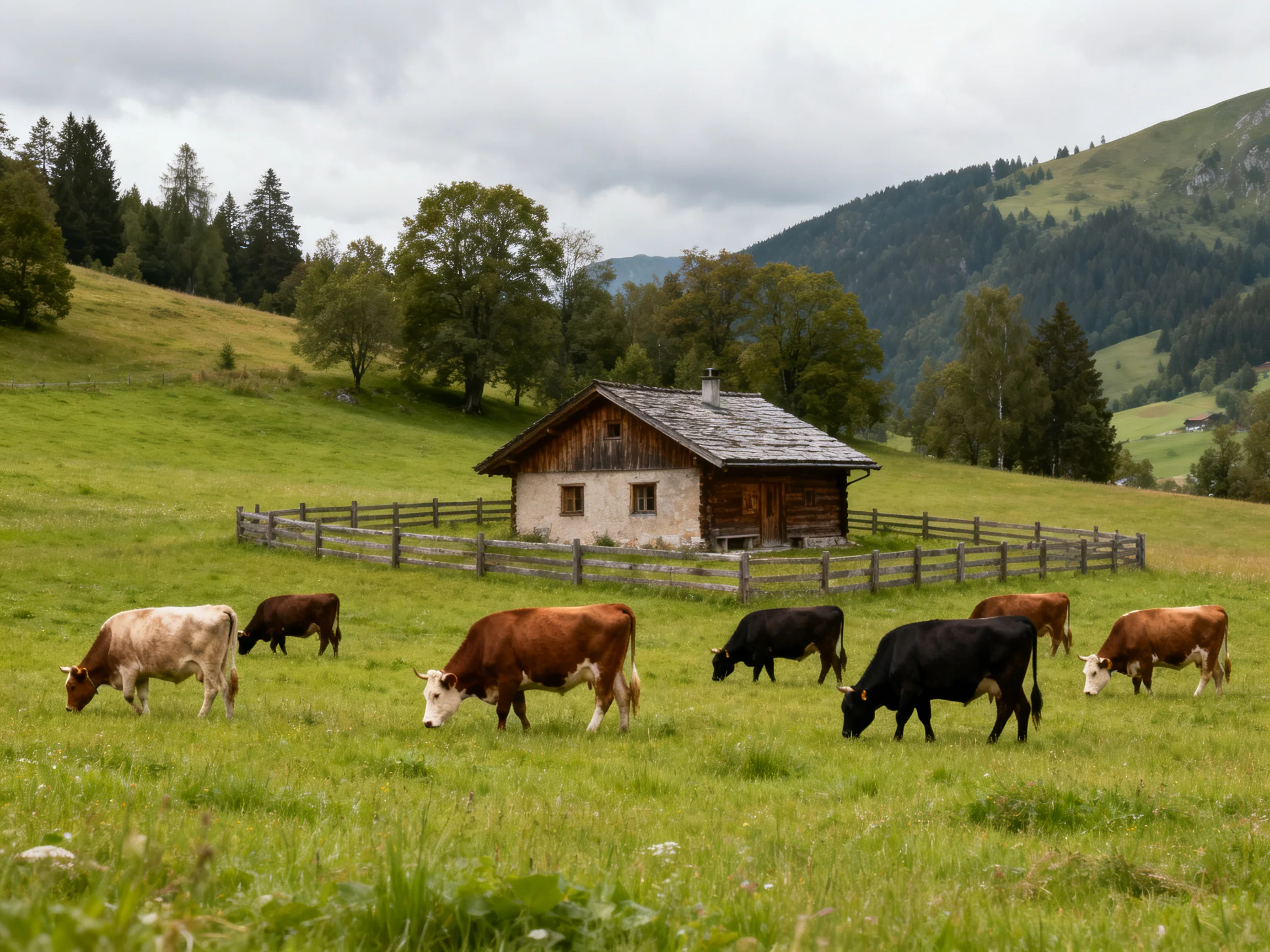 A rustic wooden farmhouse with six cows in a verdant mountain pasture