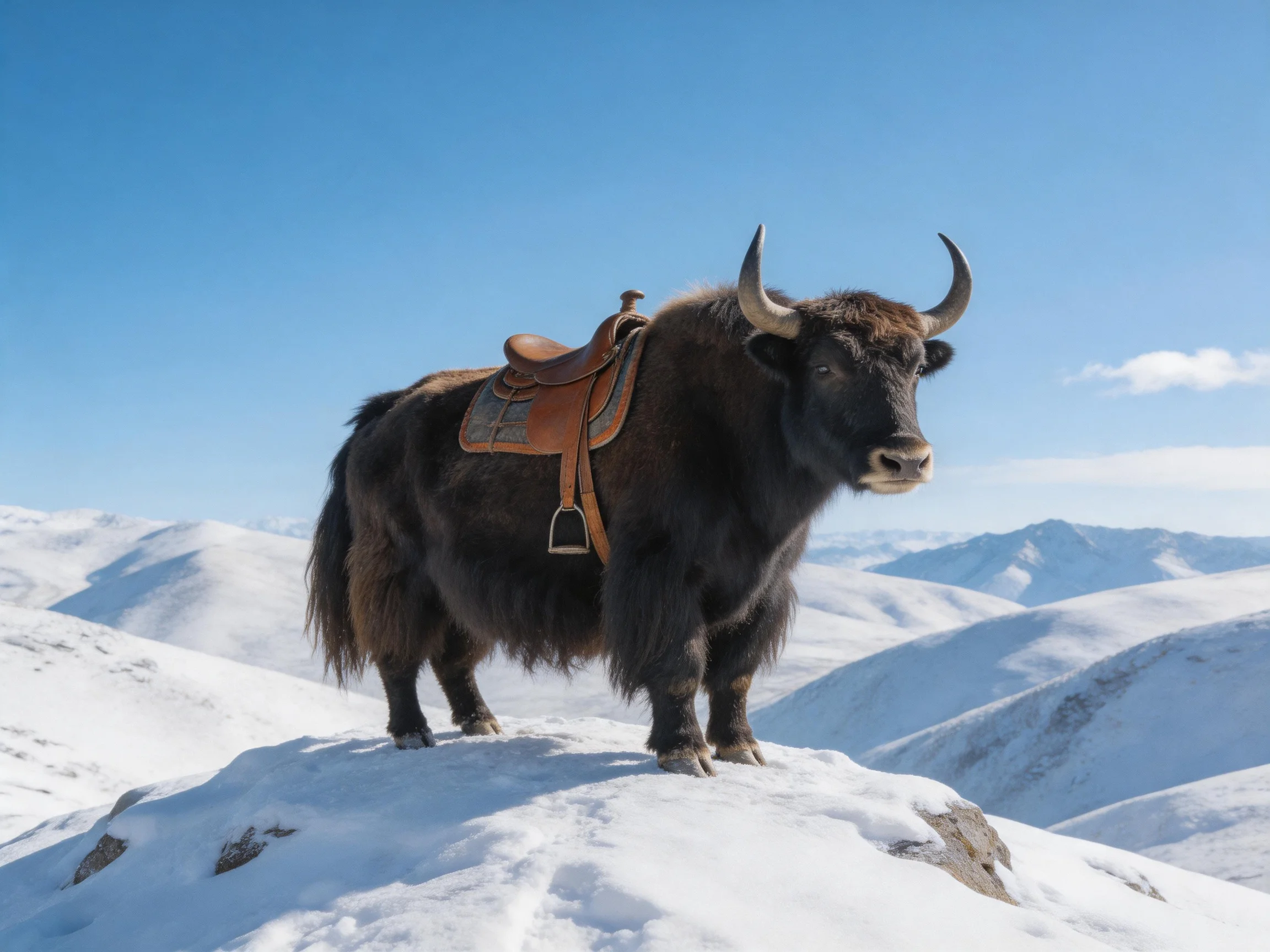 A saddled black yak stands on snow-covered mountain peaks