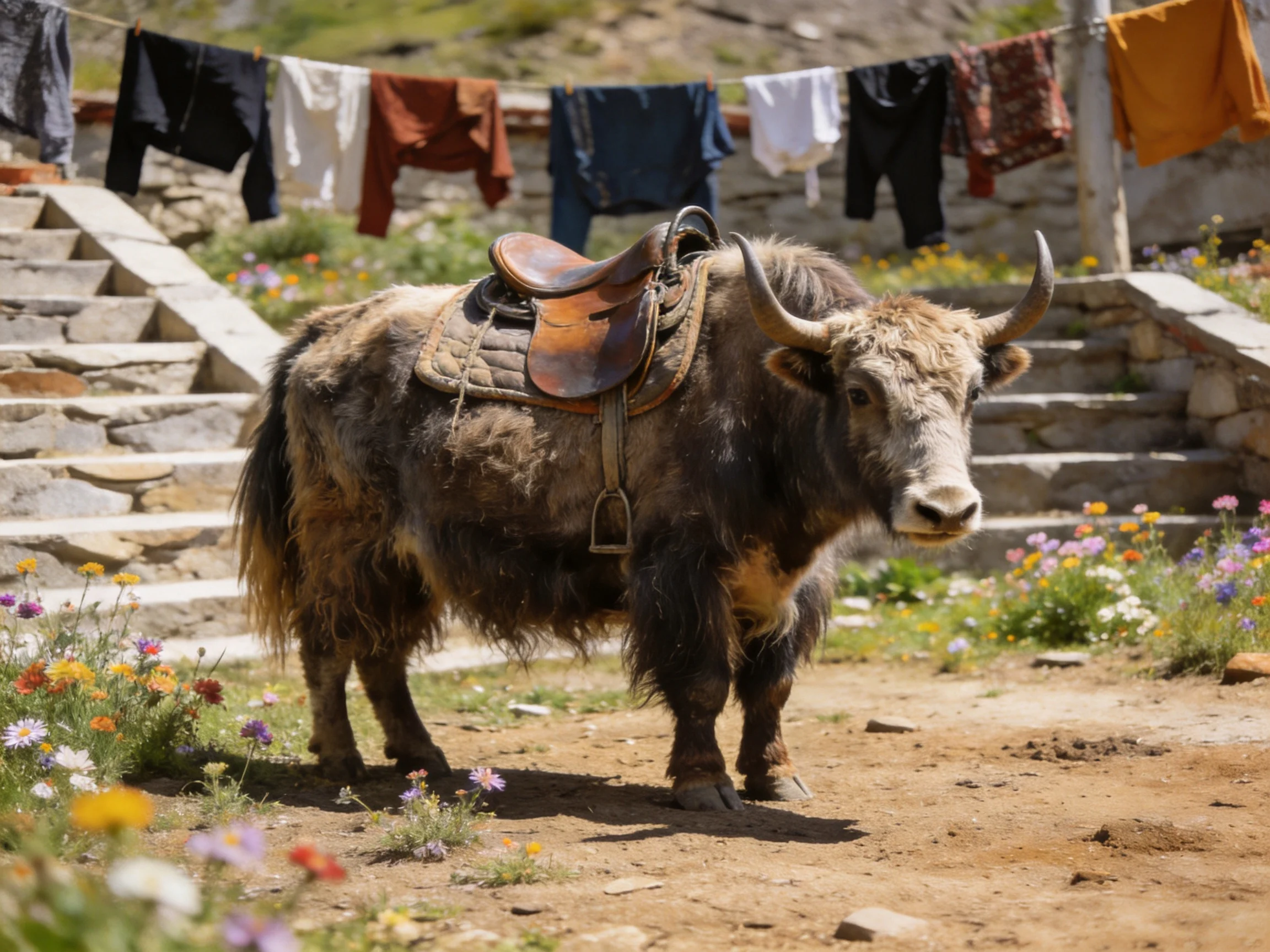 A saddled yak near colorful laundry and stone stairs