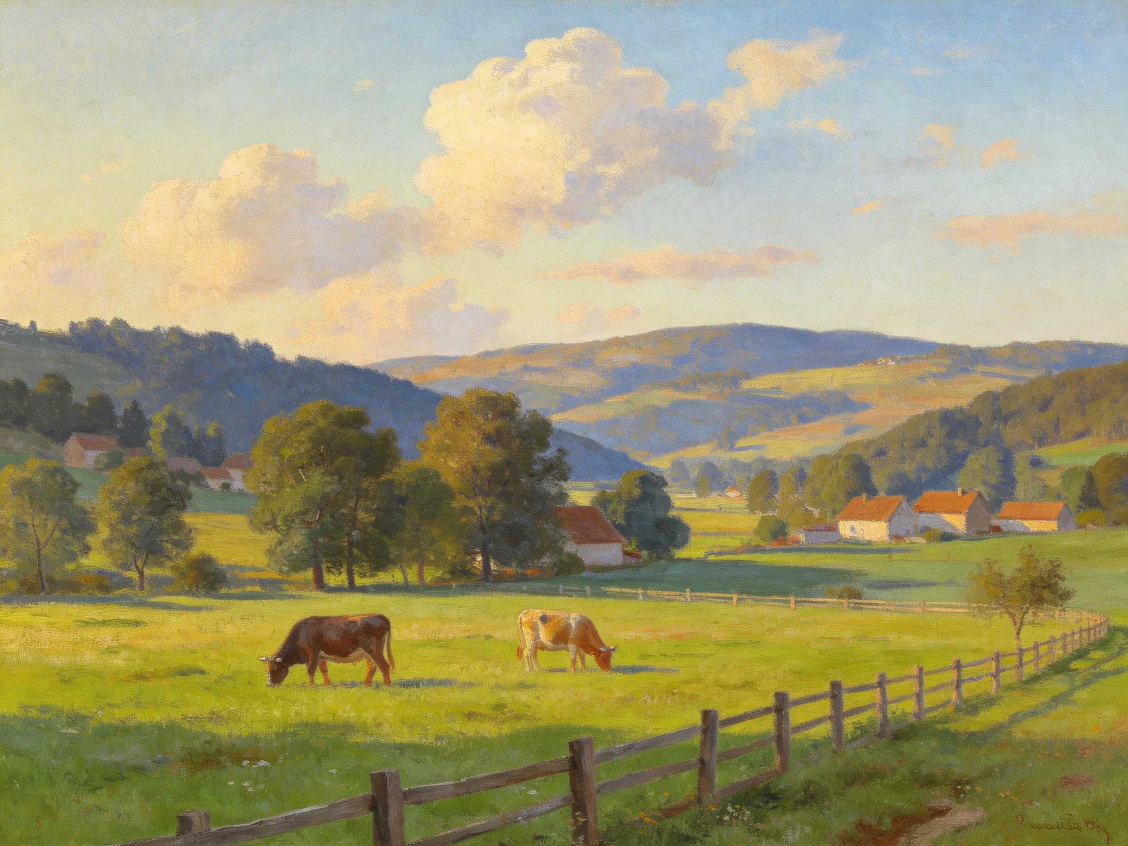 A serene countryside landscape with two cows grazing near farmhouses