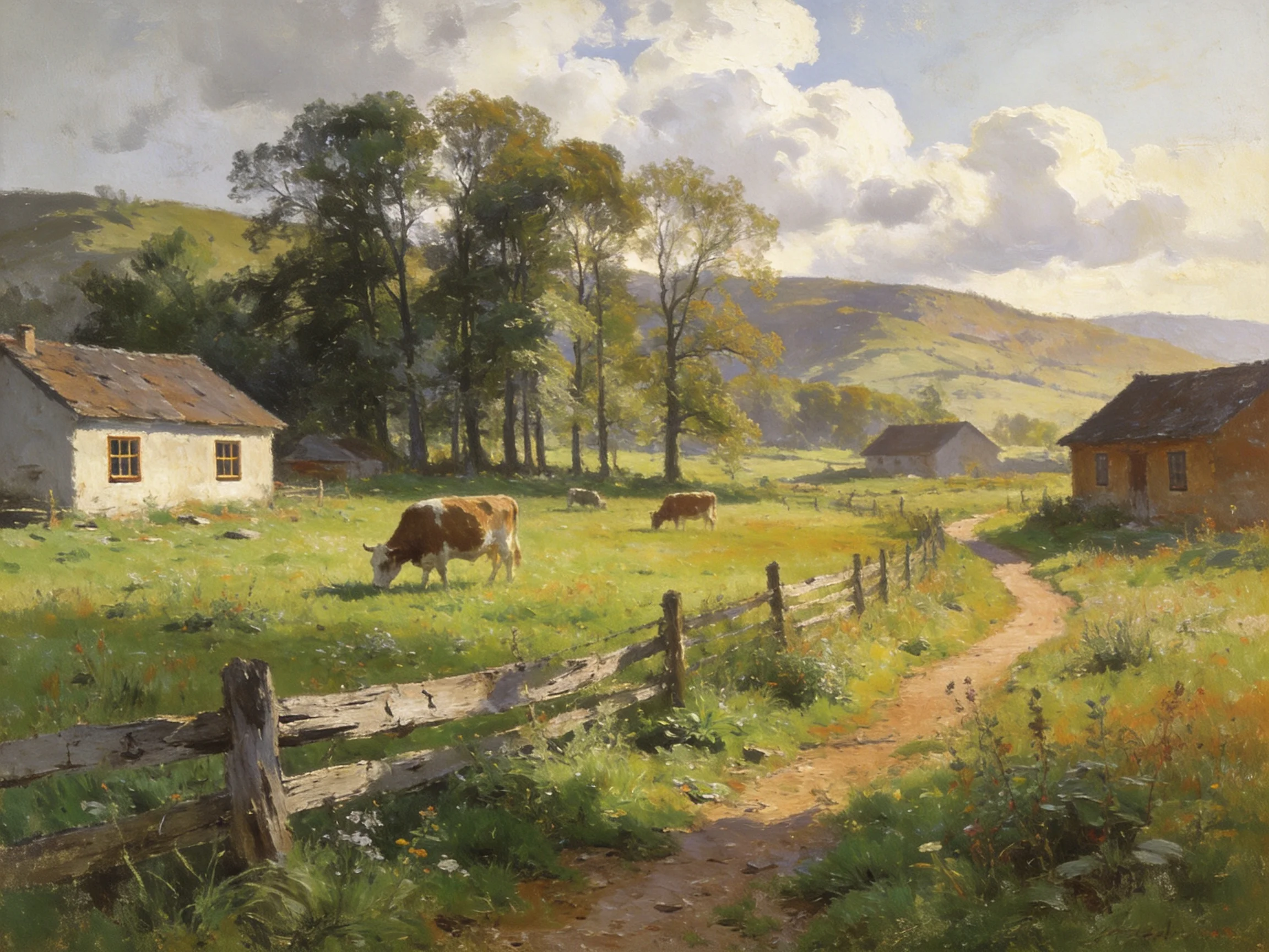 A serene countryside scene with grazing cows, rustic homes, and a wooden fence