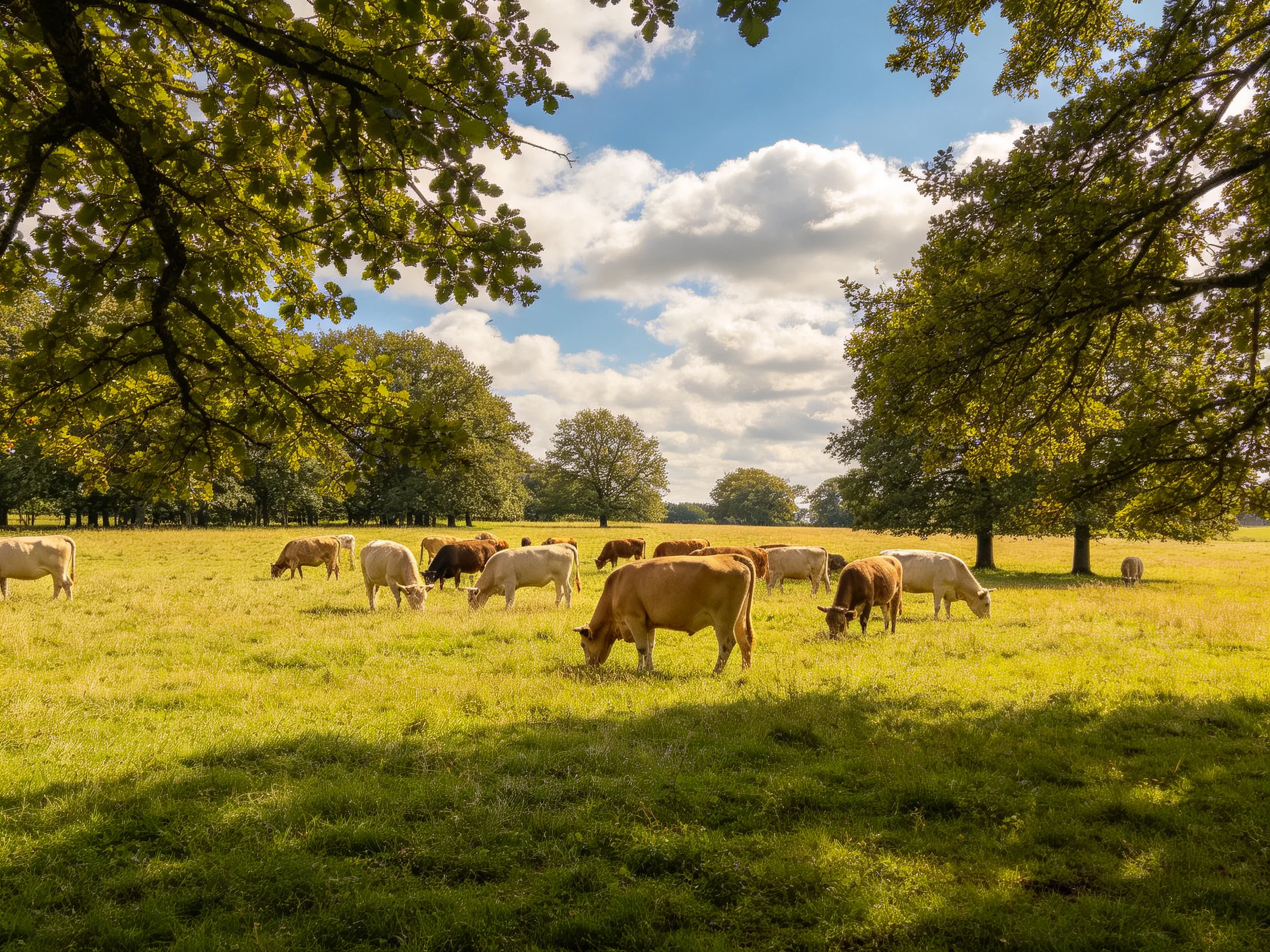 A serene pasture with brown and white cattle grazing under leafy trees